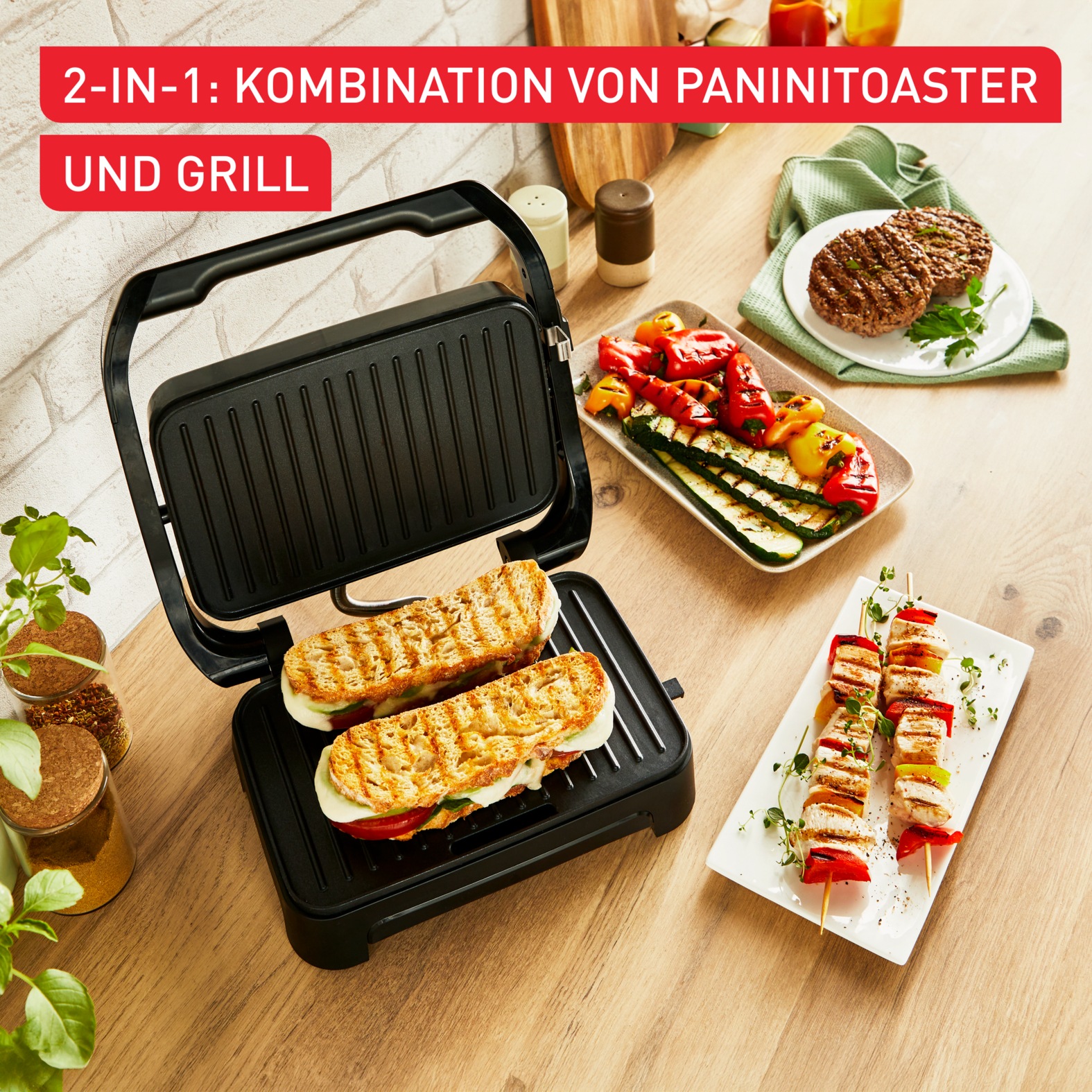 Tefal Kontaktgrill »Inicio Compact, 2-in-1 Panini /Grill, antihaftbeschichtetete Platten«, 1000 W, Platzsparendes Design, spülmaschinengeeignete Saftschale, GC270D