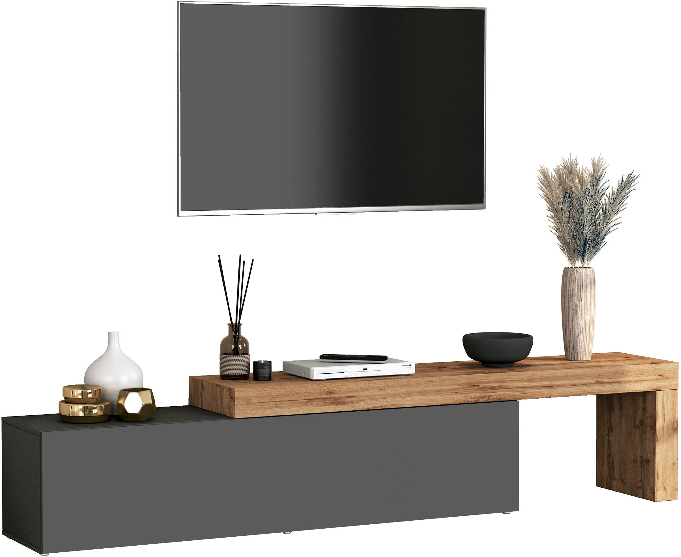 INOSIGN Lowboard »Chronos TV-Board, TV-Schrank«, (1 St., Breite verstellbar von 190 bis 350 cm), Breite 270 cm TV-Board,Lowboard,1 Klappe und ein L-Förmiger Aufsatz
