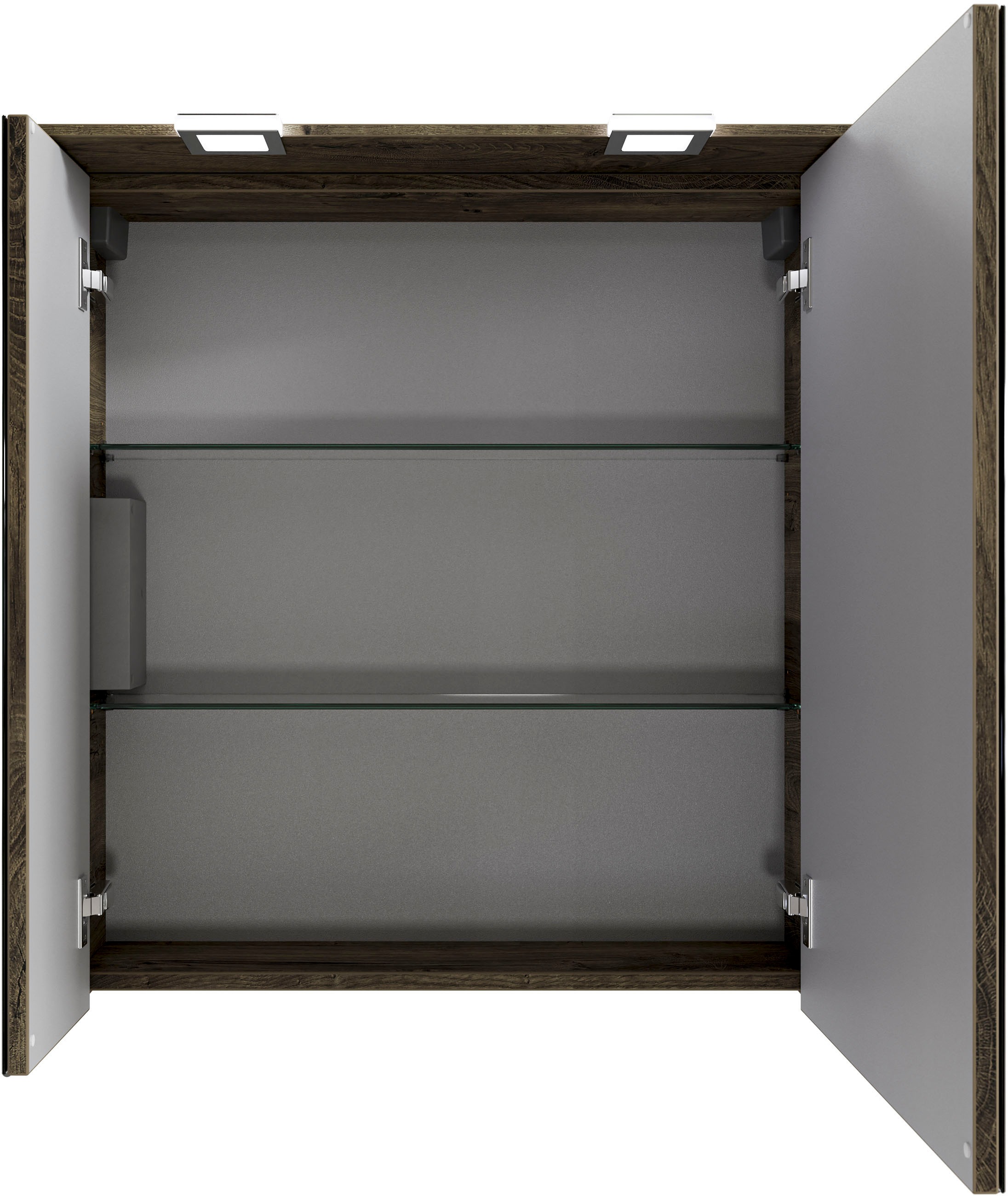Saphir Badmöbel-Set »Serie 6025 2-teilig Mineralmarmor-Waschtisch mit LED-Spiegelschrank«, (2 St.), Waschplatz 67 cm breit, 2 Schubladen, 2 Spiegel-Türen, inkl Türdämpfer