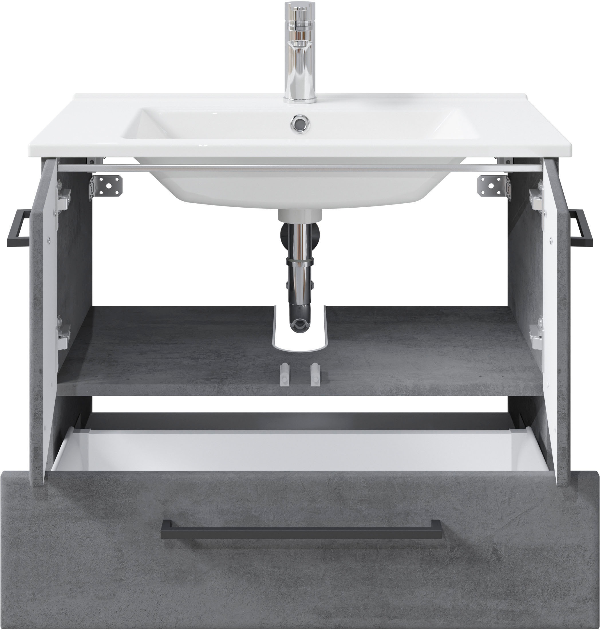 Saphir Badmöbel-Set »Quickset 945 3-teilig, Keramik-Waschtisch mit LED-Spiegelschrank«, (4 St.), Midischrank, 7 Türen, 3 Schubladen, 8 Einlegeböden, inkl. Türdämpfer