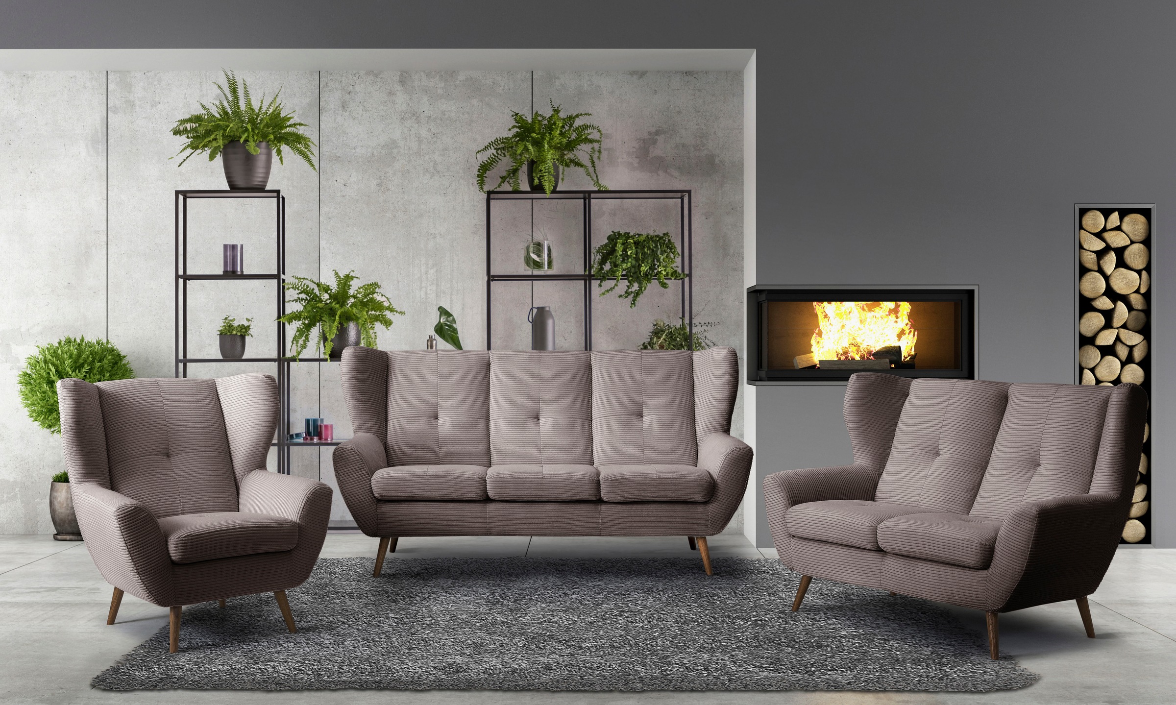 exxpo - sofa fashion 3-Sitzer »ALVESTA, Loungesofa, Küchensofa, hoher Sitzkomfort, Ohrenbackensofa« gemütliche Rückenlehne, mit Knopfheftung und hohen Holzfüßen, in Cord