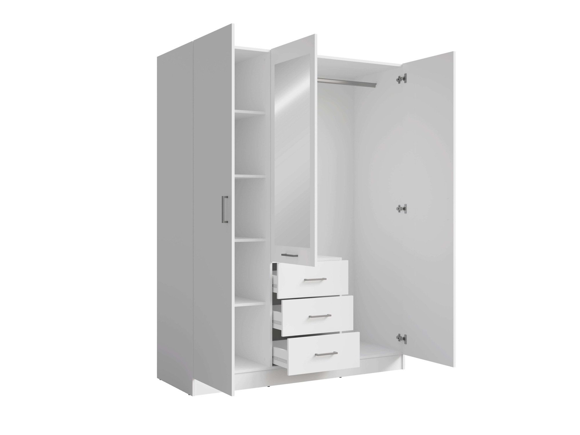 Home affaire Kleiderschrank »KOS Garderobe mit 3 Schubladen, Kleiderstange, 4 Einlegeböden, Spiegel«, Wäscheschrank mit 3 Drehtüren, silber Griffen, Maße B/H/T 150/200/58cm