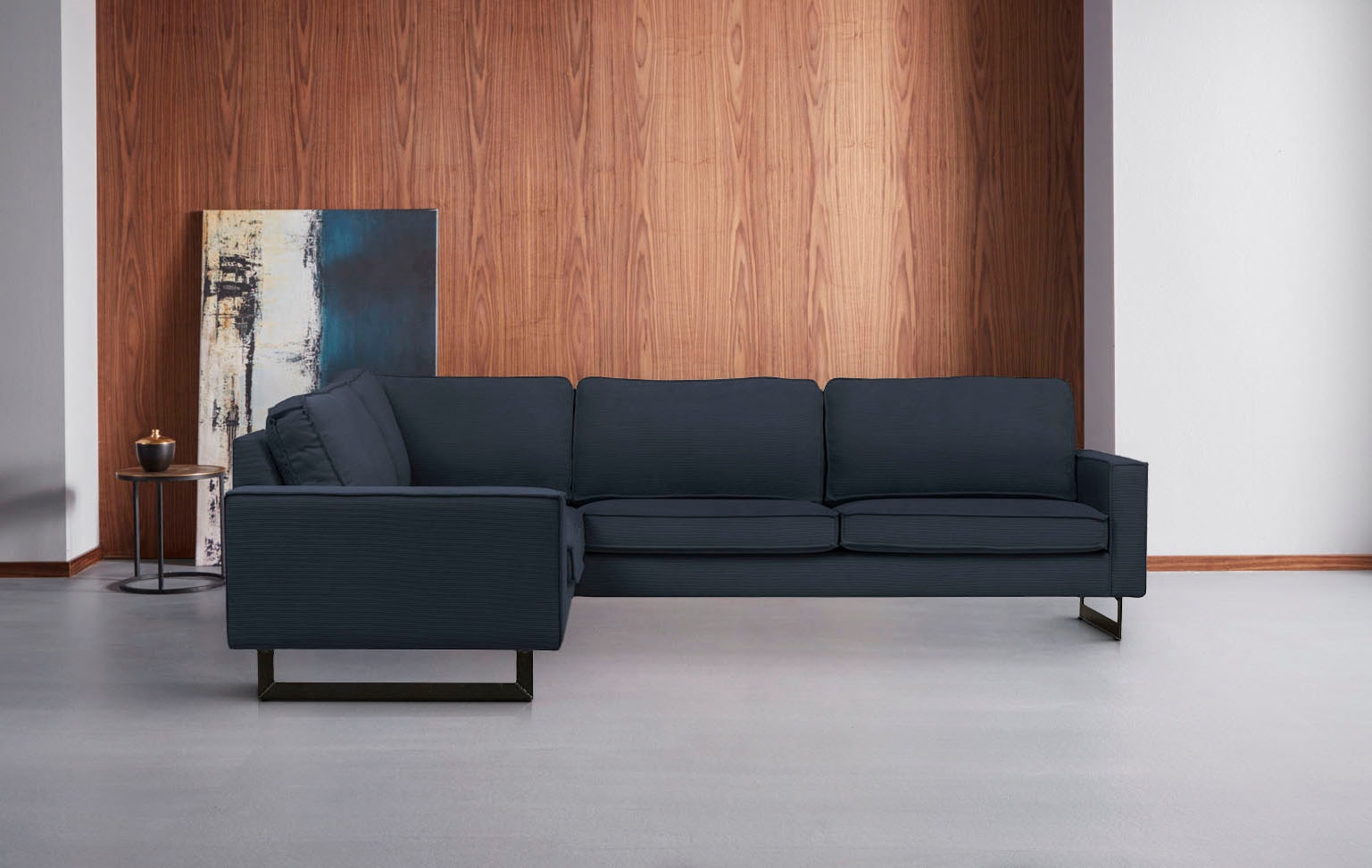 Places of Style Ecksofa »Pinto, XXL, 250/290 cm, langer Schenkel, Ottomane«, Cord, Chenille, Lederoptik, mit Keder, Metallfüße, Wellenunterfederung
