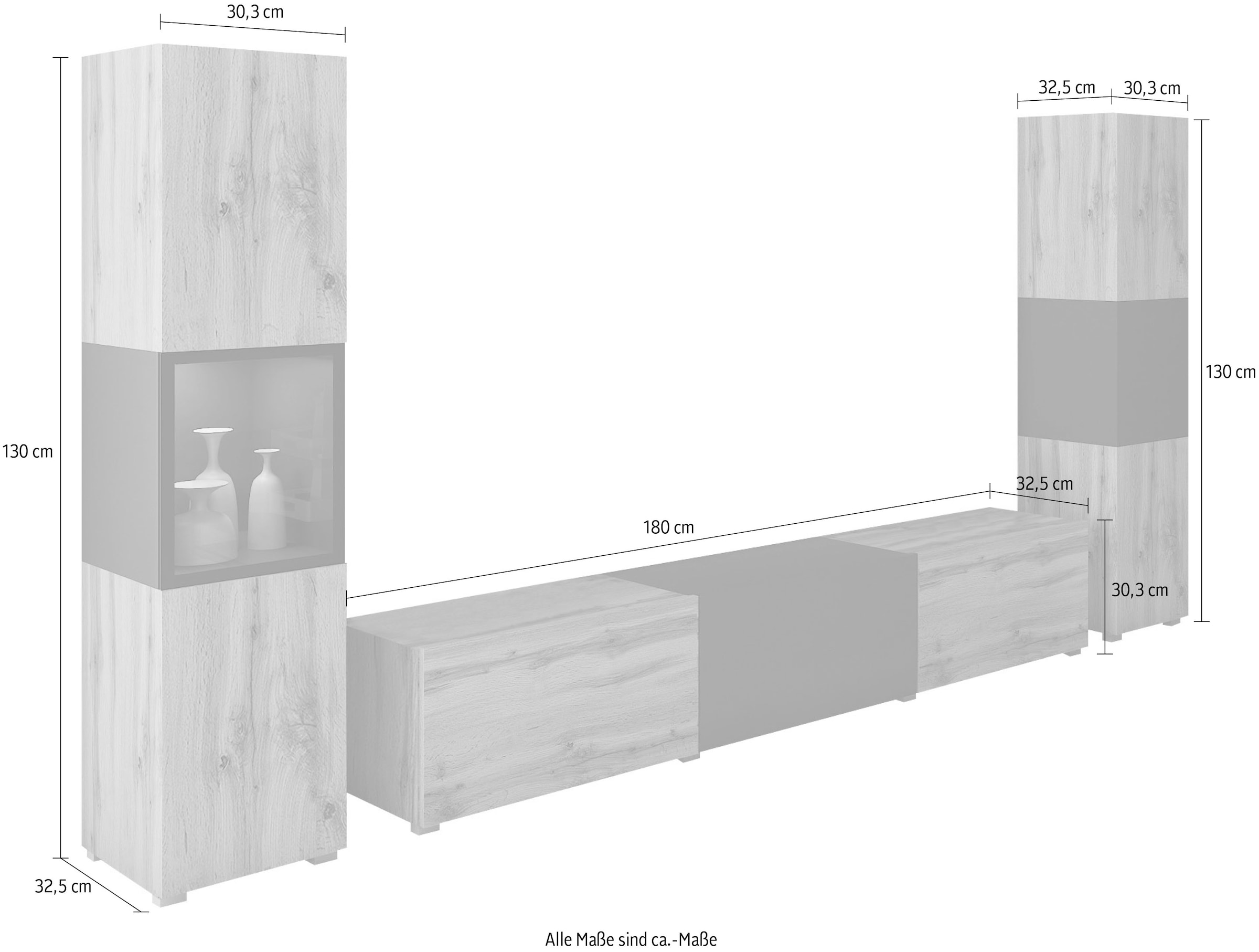 INOSIGN Wohnwand »BERLIN III«, (Komplett-Set, 3 St.), moderne grifflose Mediawand Breite 260 cm, Vitrine mit Verglasung