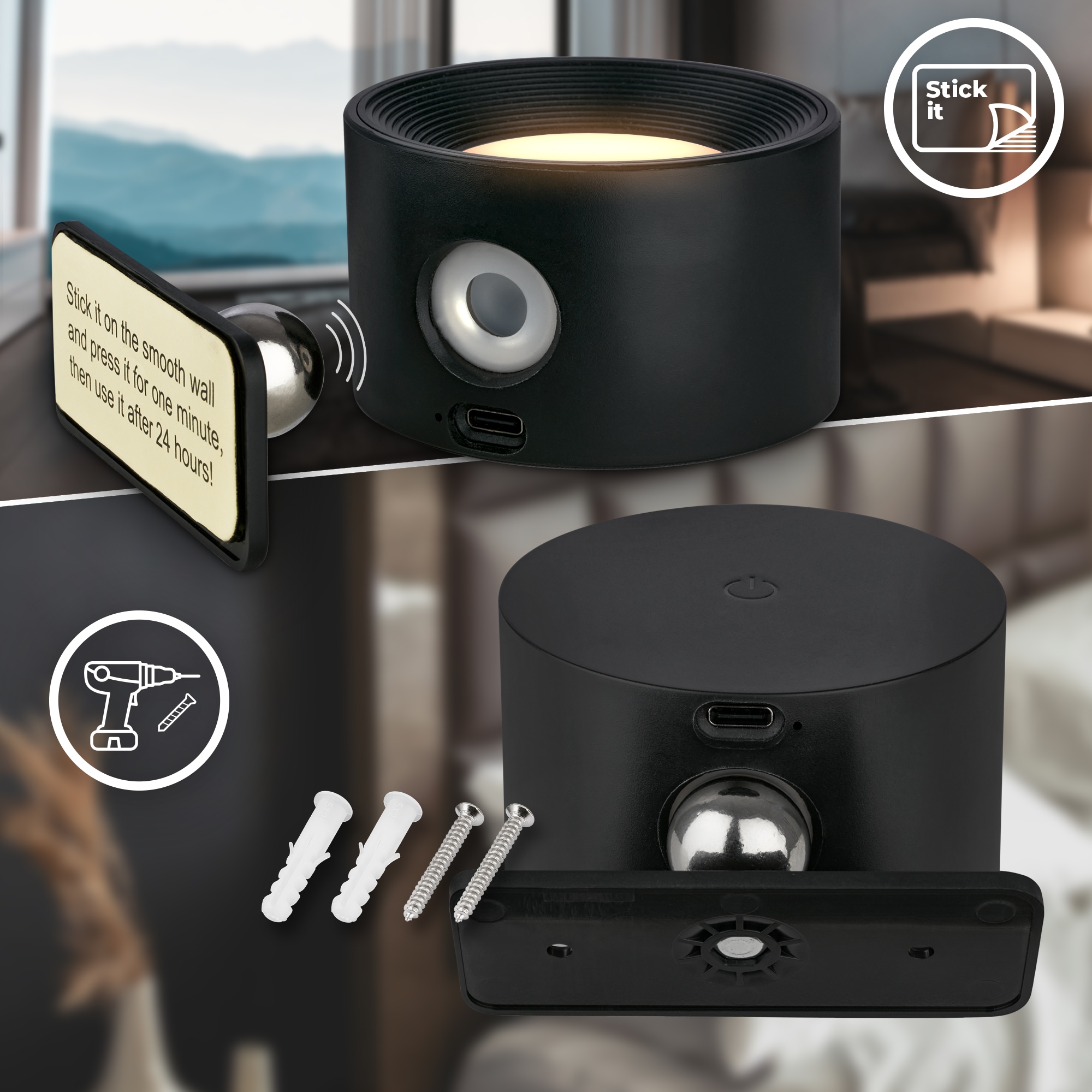 B.K.Licht LED Wandleuchte »BKL1597 Magnetische Akku Wandlampe, 3-Stufen Dimmer, mit USB-C«, 1 flammig, Leuchtmittel LED-Modul | LED fest integriert, CCT-Funktion, 150Lm, 2W, 14h Leuchtdauer, 4,5 x 8 x 9,5 cm, Schwarz