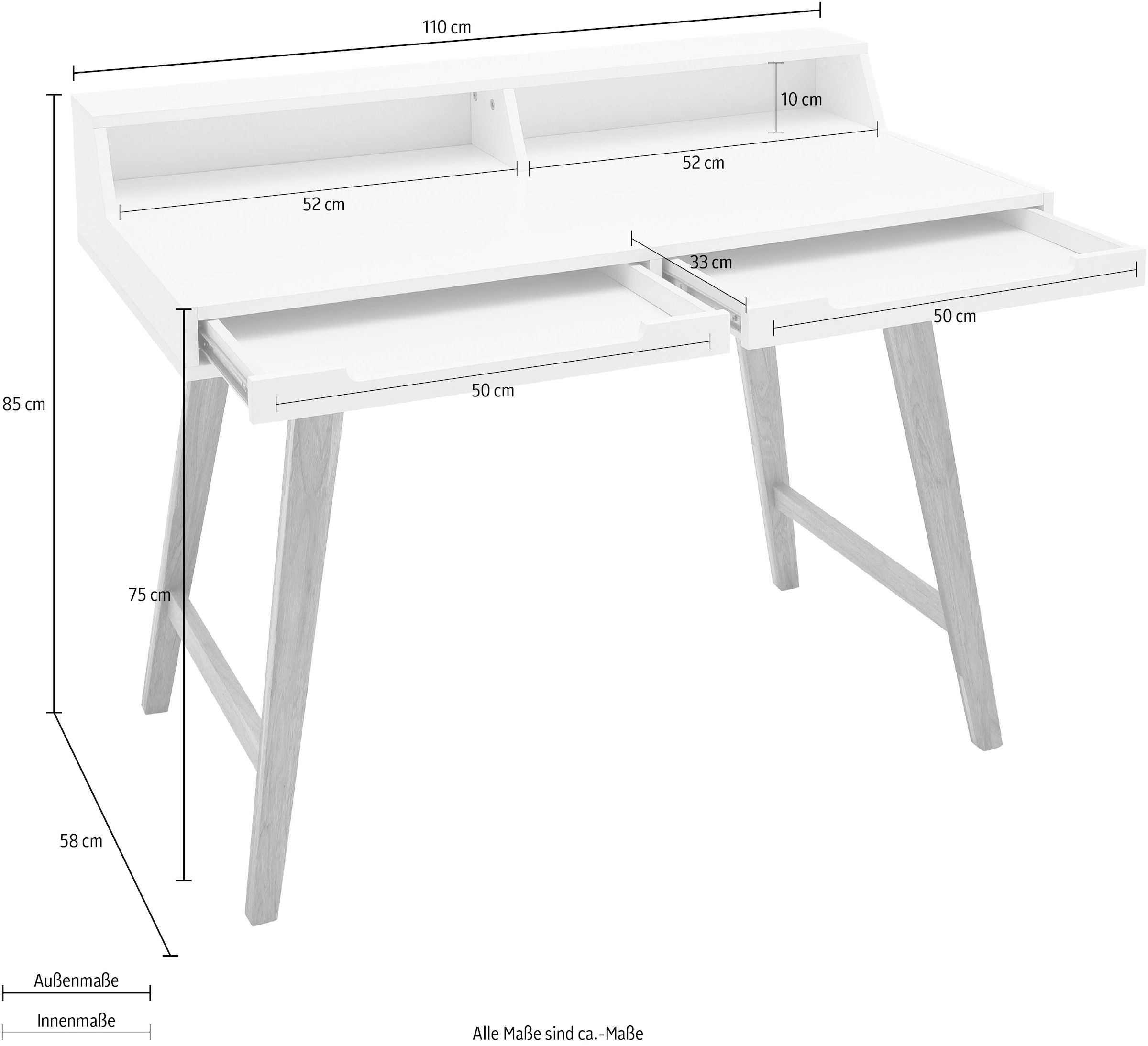 MCA furniture Schreibtisch »Tiffy«, weiß matt lackiert, Gestell Massivholz buchefarben, Breite 110 cm