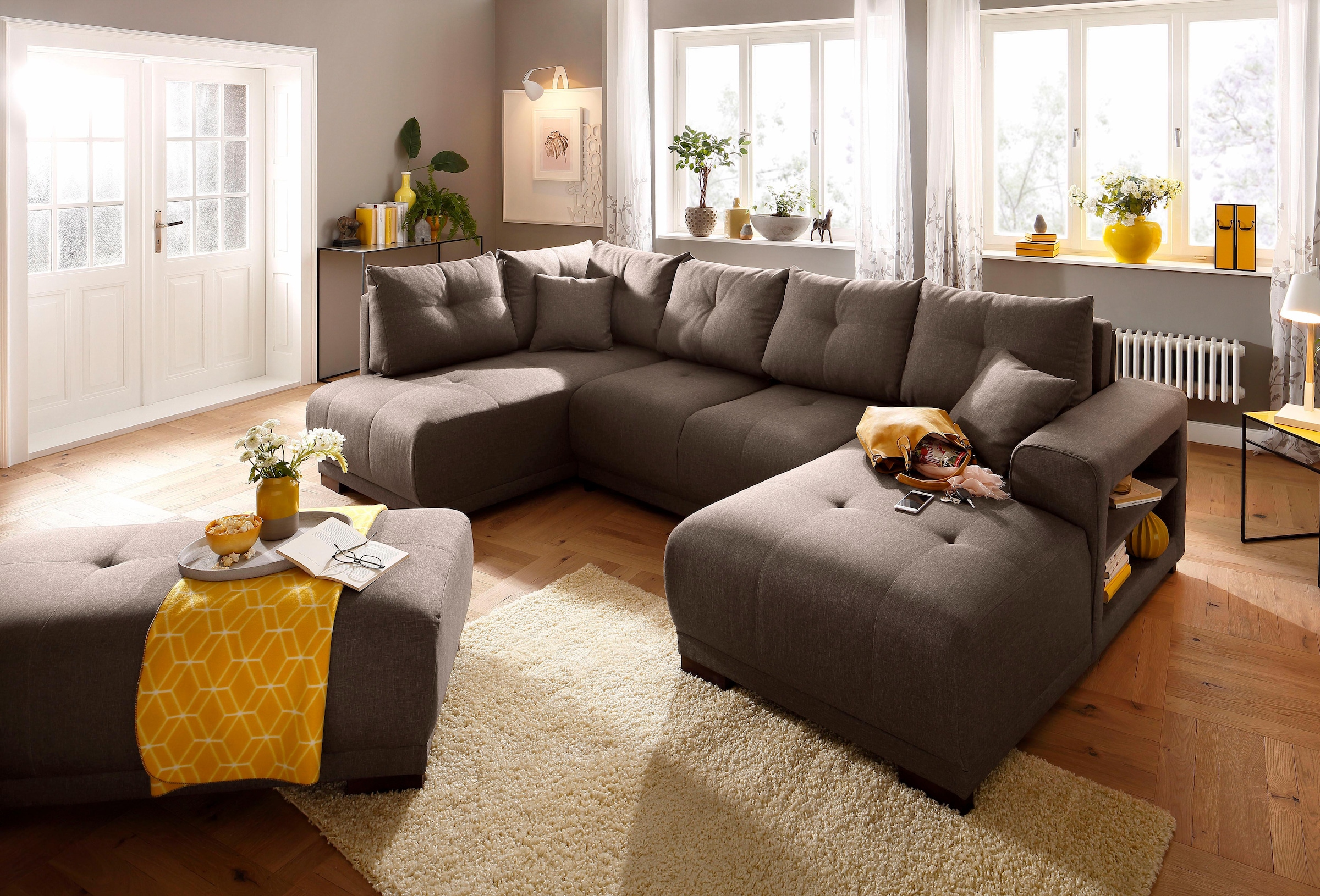 Home affaire Wohnlandschaft »Viborg U-Form«, mit Regal in der Armlehne, wahlweise mit Bettfunktion