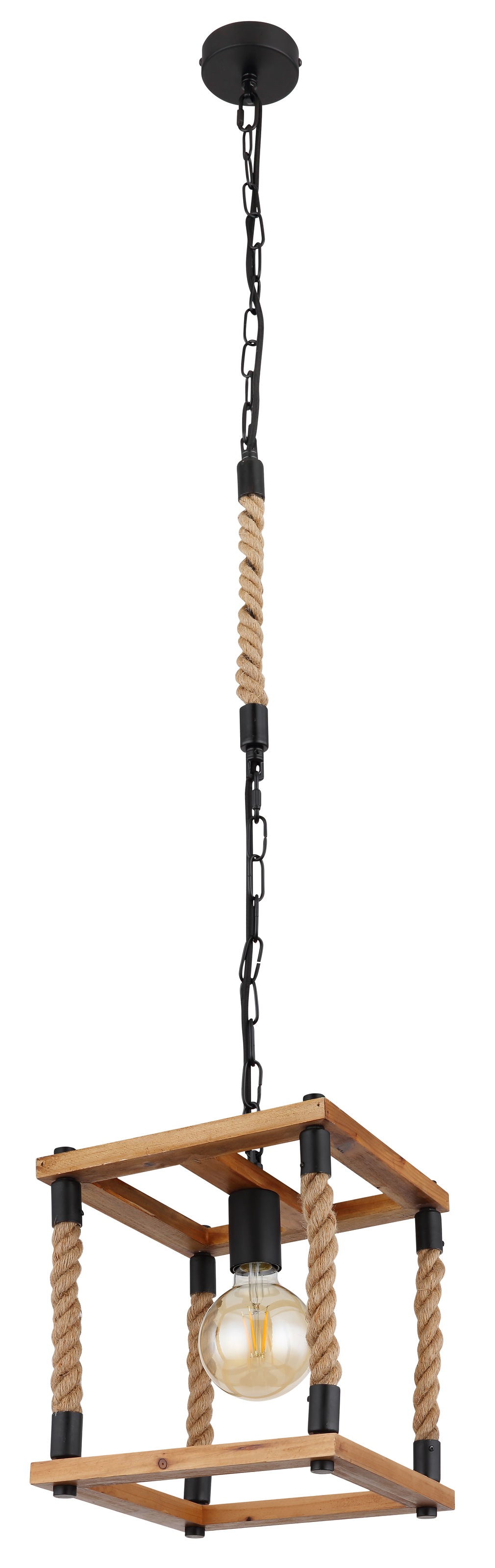 GLOBO LIGHTING Hängeleuchte »VERNON« E27 1 Stk. Schwarze Hängeleuchte mit Holz naturfarben, Hanf braun, E27