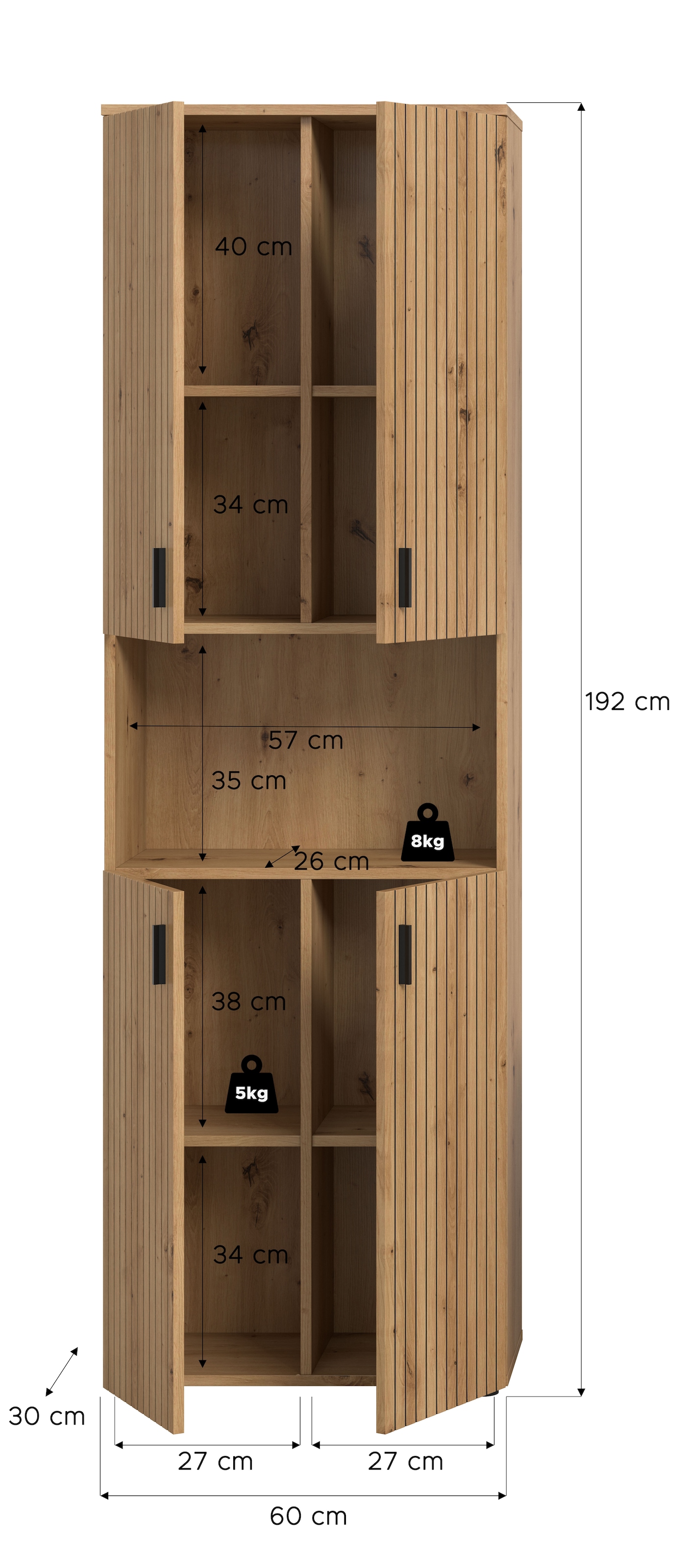 welltime Hochschrank »MANI, Höhe: 192 cm, Paneeloptik, 1 offenes Fach, 8 Fächer« Hochschrank, Bad-Hochschrank, Bad-Schrank, Bad, Badezimmer
