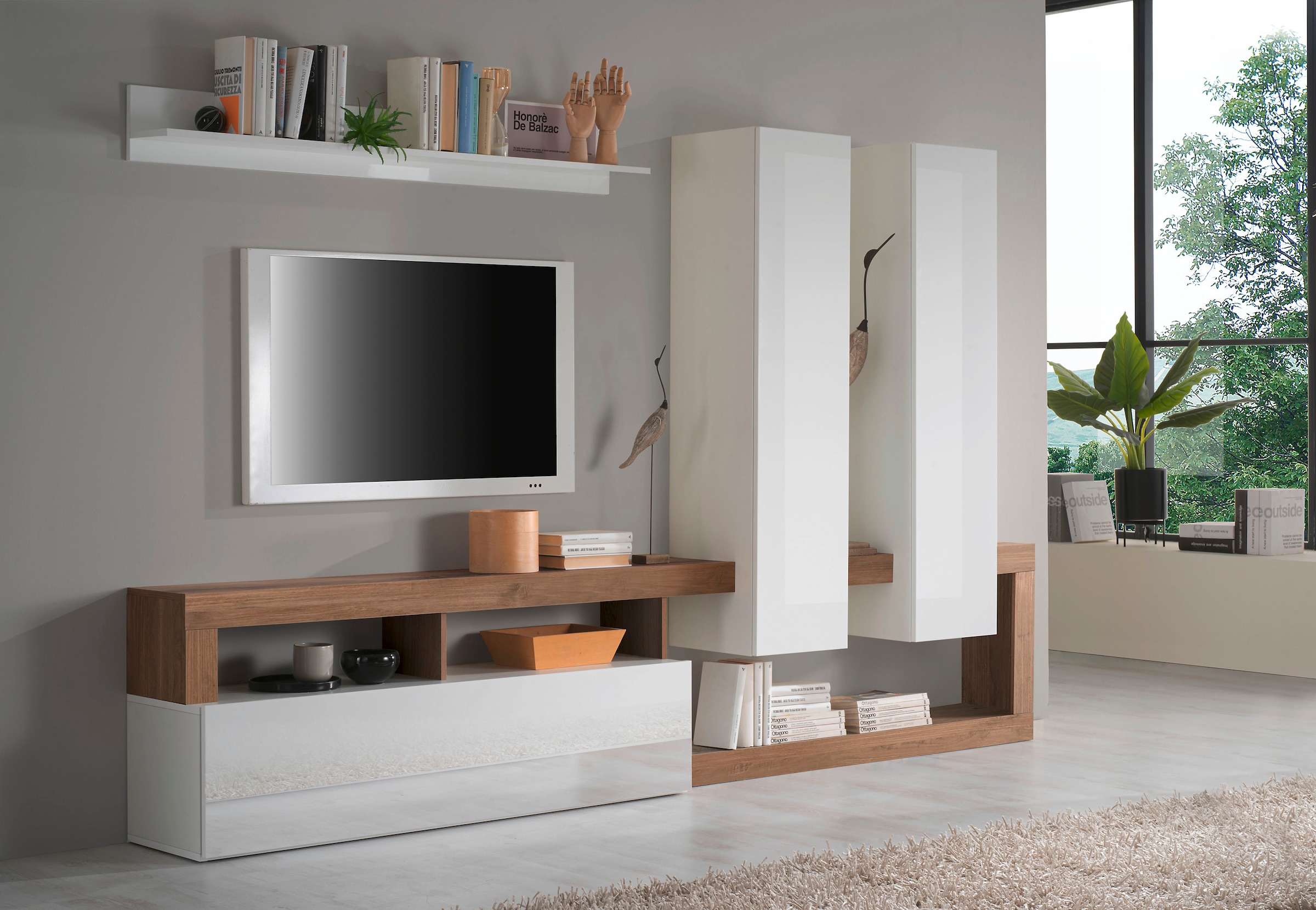 INOSIGN Wohnwand »Hamburg« Set, 4 Stk. tlg. Weiß/Mercure Set besteht aus 1 Lowboard, 1 Wandregal und 2 Hängeschränken