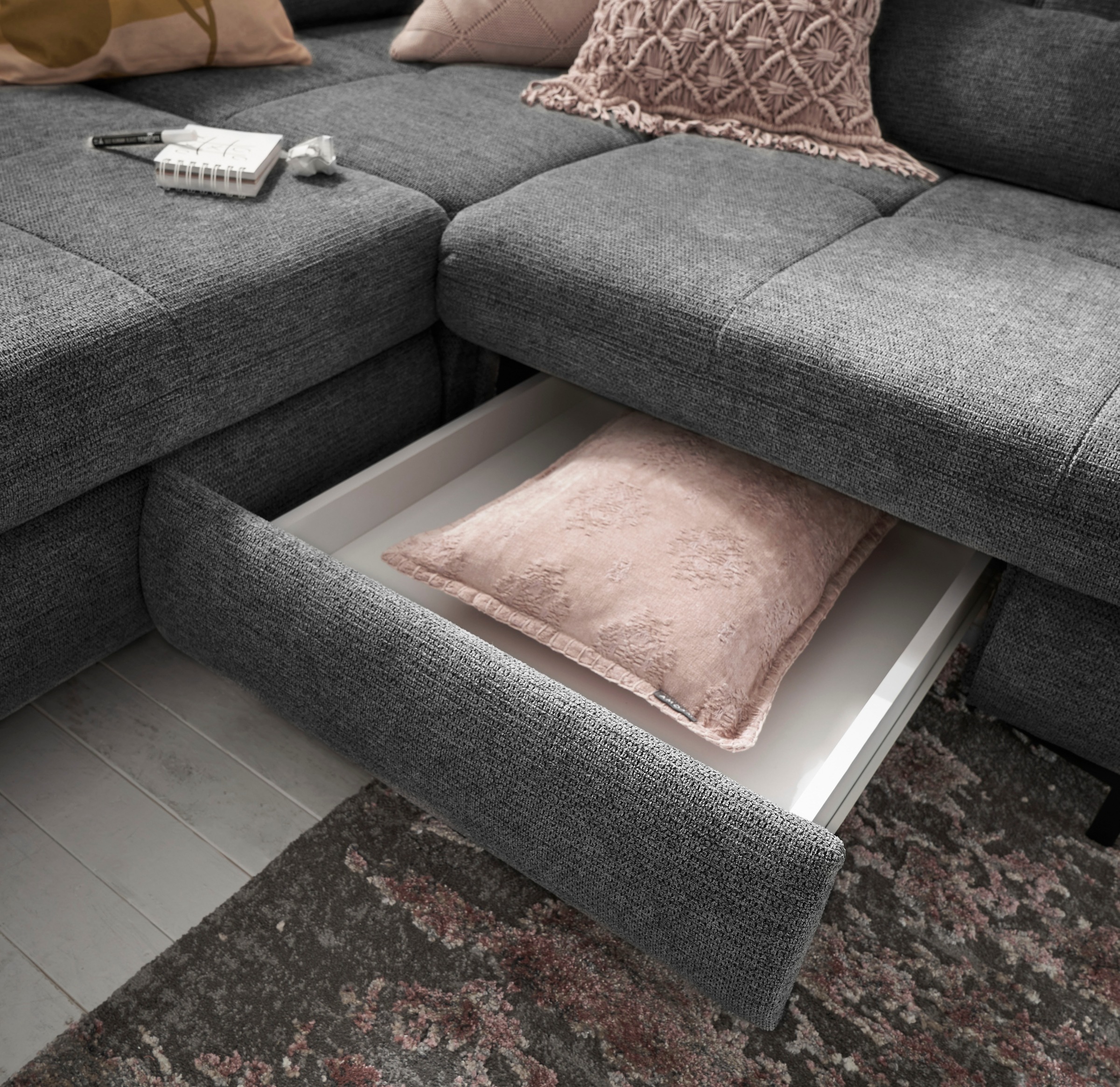 set one by Musterring Ecksofa »SO 3400 Sitzhöhe 47cm oder 49cm, Sitztiefe verstellbar, B/T 317/220 cm«, Kaltschaumpolsterung, Flachgewebe, whlw. mit Funktionen, Sitzhöhe 47