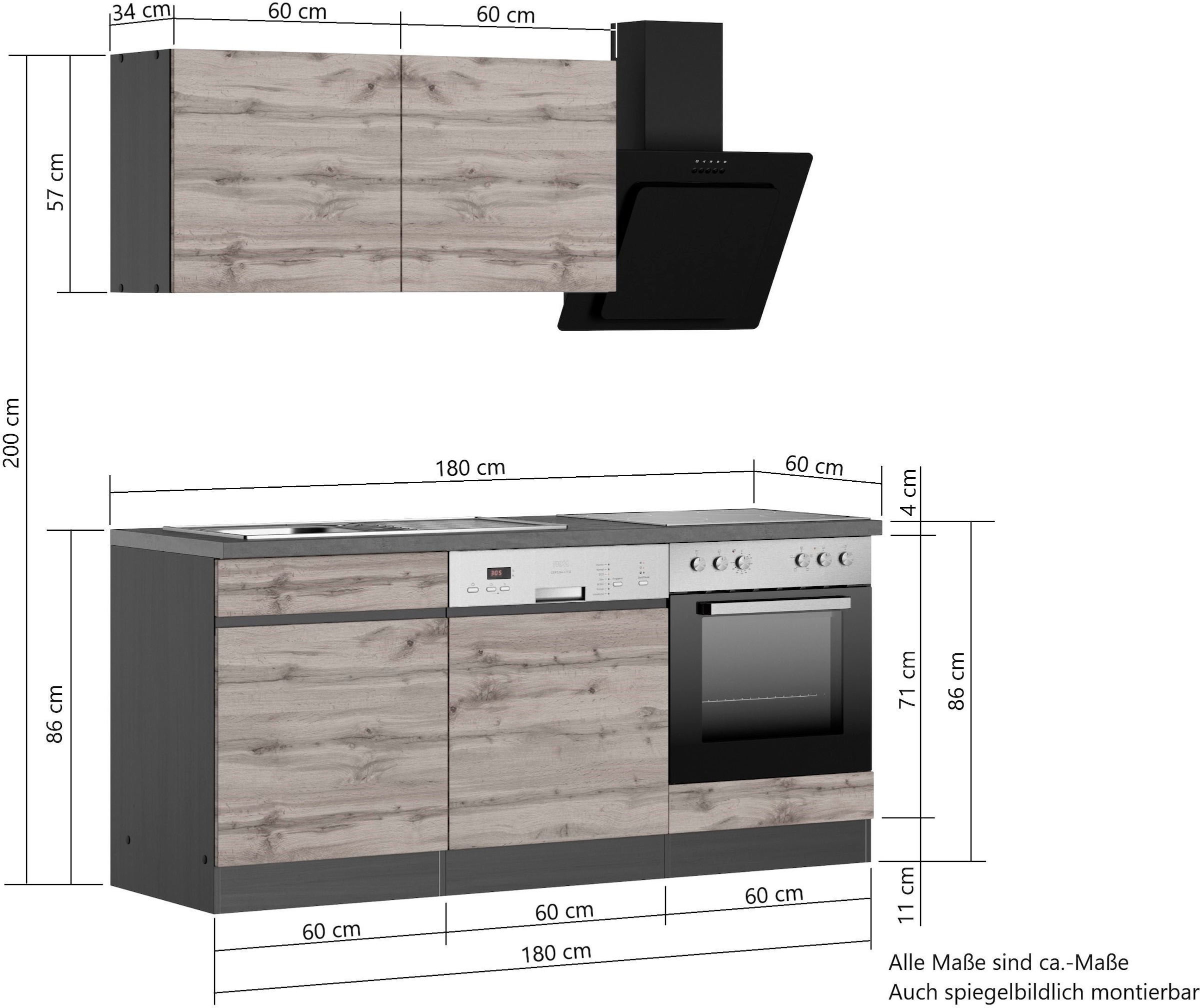 KOCHSTATION Küchenzeile »KS-Riesa« Stellbreite 180 cm, wahlweise mit oder ohne E-Geräte