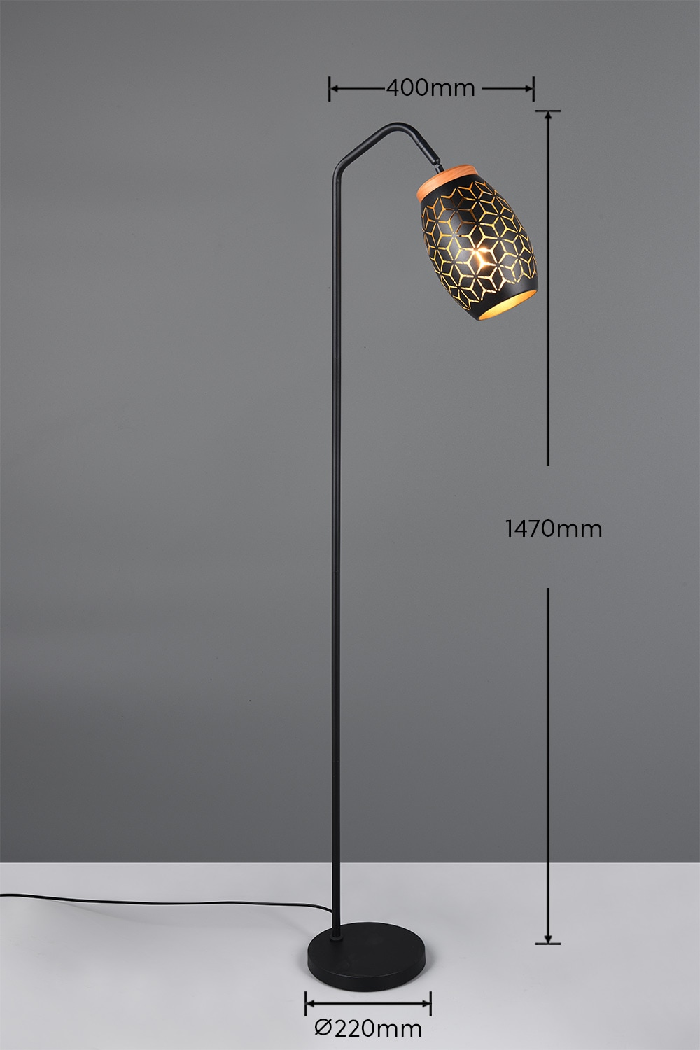 REALITY Leuchten Stehlampe »BIDAR, Stehleuchte Höhe 147 cm mit Fußschalter, exkl 1x E27 max 10W«, 1 flammig, Leuchtmittel E27 | Leuchtmittel wechselbar, Metall-Lampenschirm mit Lasercut Muster und Holz-Dekoelement