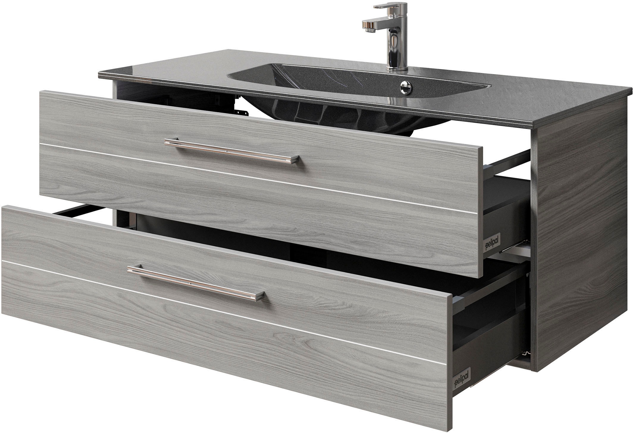 Saphir Badmöbel-Set »Serie 6025 2-teilig Mineralmarmor-Waschtisch mit LED-Spiegelschrank«, (2 St.), Waschplatz 117cm breit, 2 Schubladen, 3 Spiegel-Türen, inkl Türdämpfer