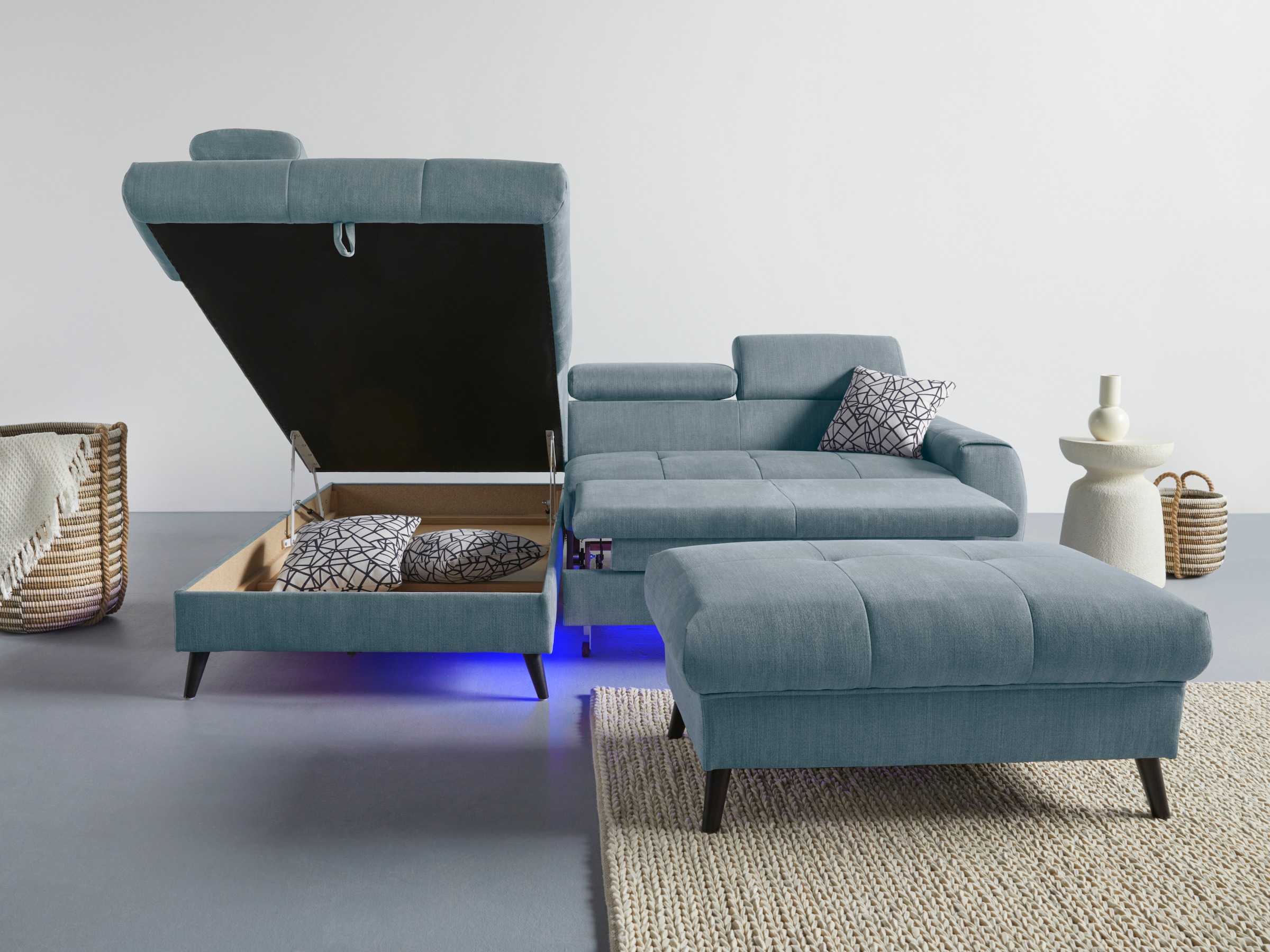 COTTA Ecksofa »Mia L-Form mit 3 Zierkissen«, wahlweise mit Bettfunktion, Bettkasten, Beleuchtung & Wireless-Charger