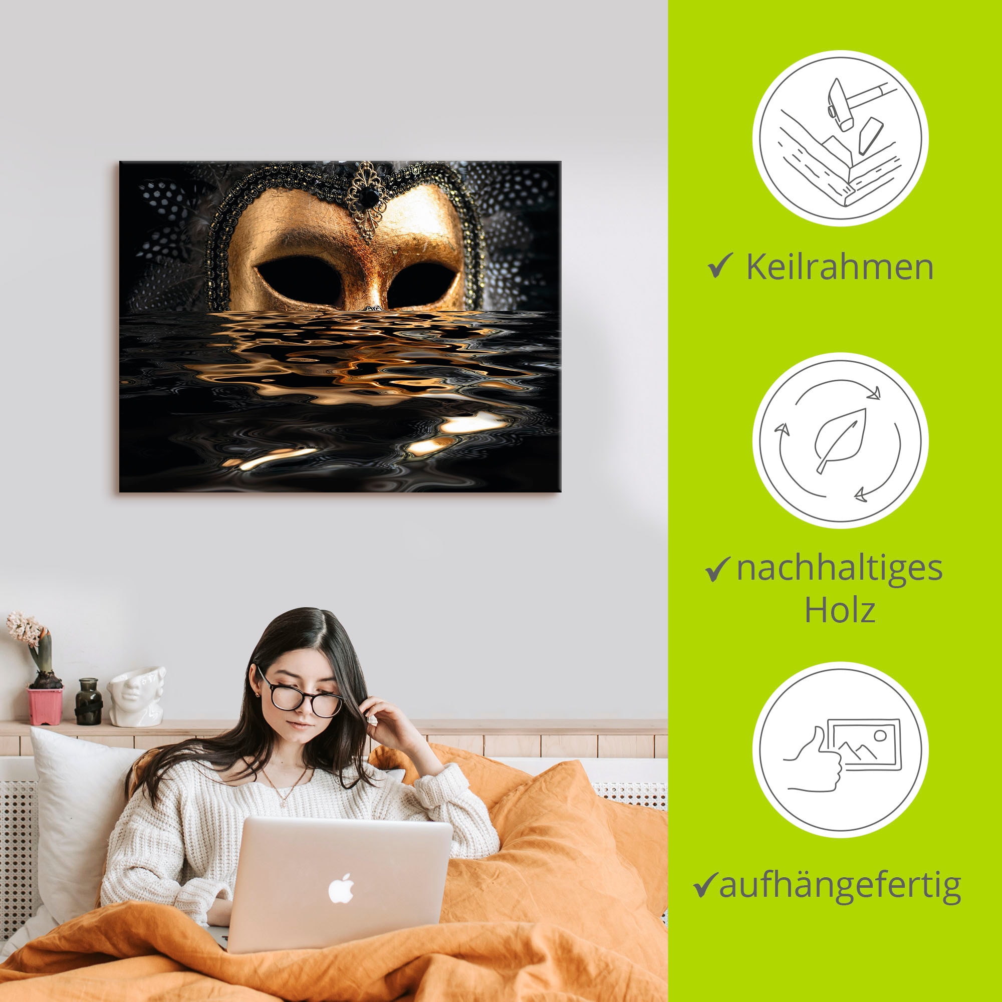 Artland Wandbild »Venezianische Maske mit Blattgold«, Karneval, (1 St.), als Alubild, Outdoorbild, Leinwandbild, Poster, Wandaufkleber