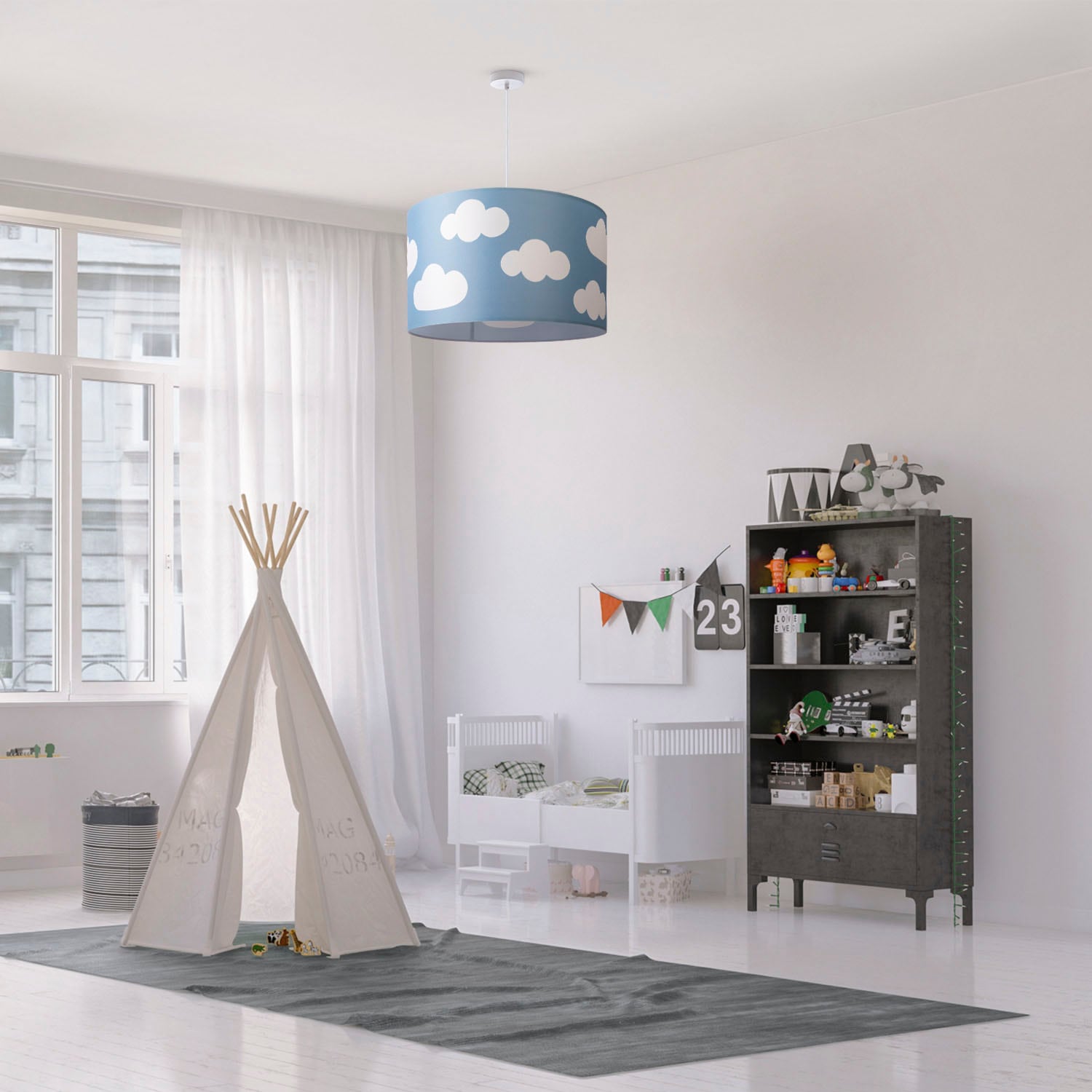 Paco Home Pendelleuchte »Hugo Cosmo«, Leuchtmittel E27 | ohne Leuchtmittel, Pendellampe Kinderzimmer Wolken Himmel Stoff Lampenschirm Rund E27