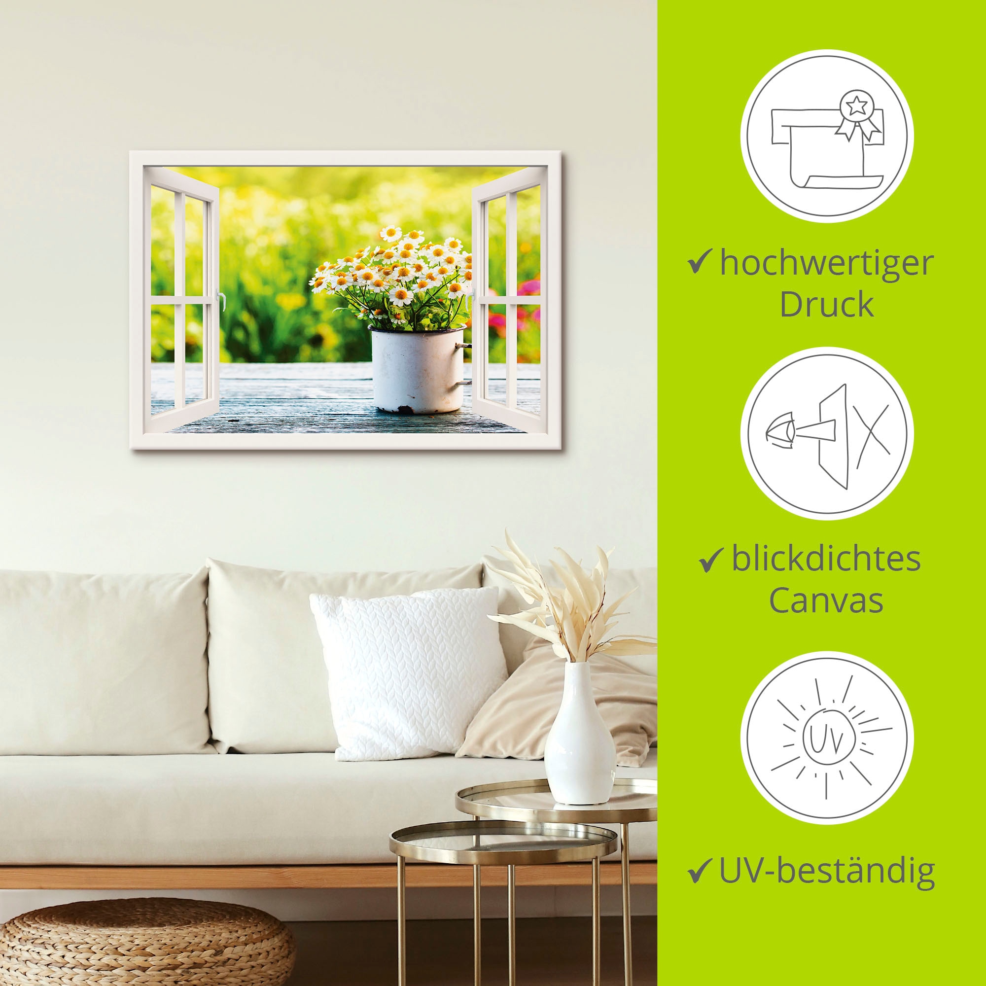 Artland Leinwandbild »Fensterblick Garten mit Gänseblümchen« Blumen 1 Stk. tlg. auf Holzrahmen gespannt