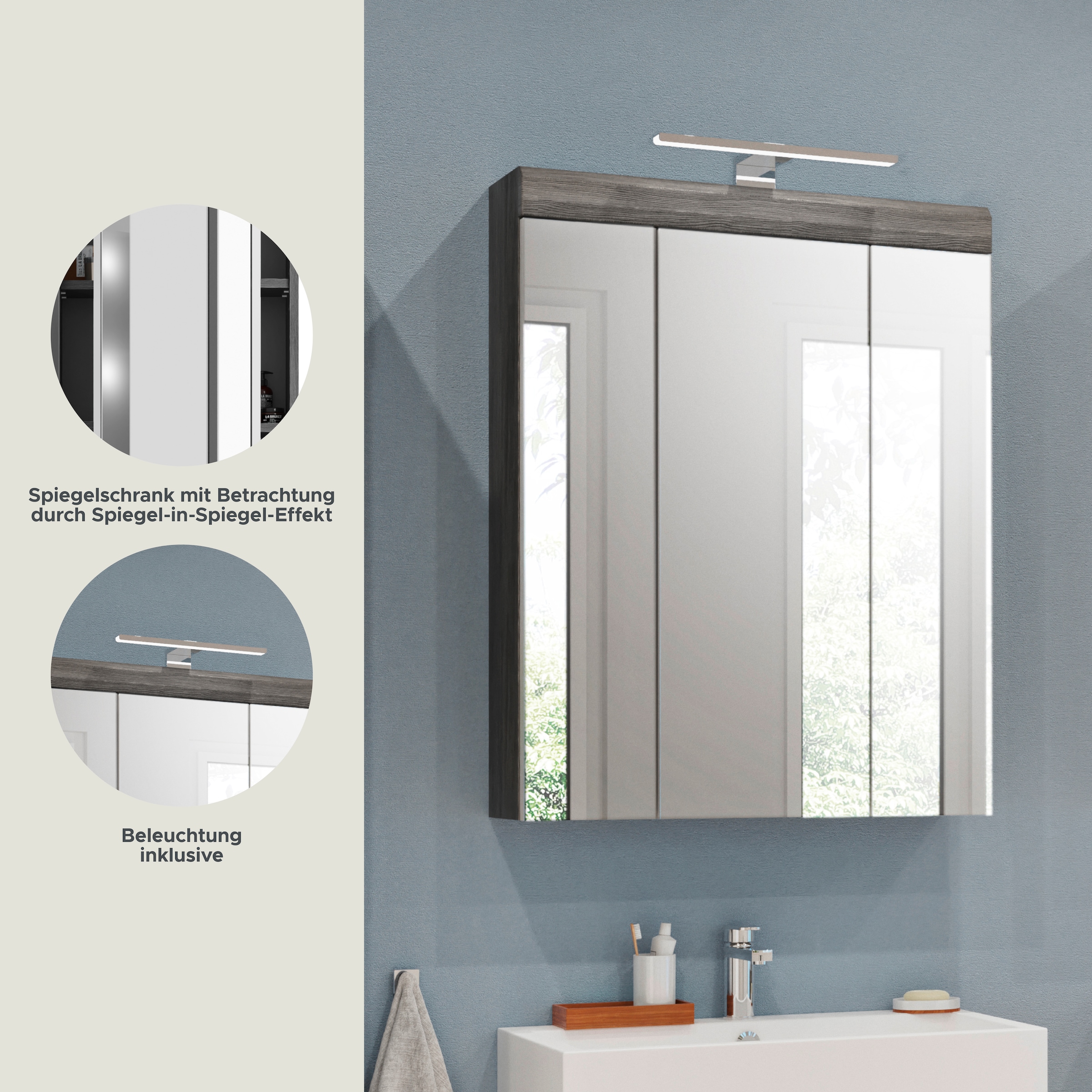 INOSIGN Spiegelschrank »Siena, Breite 60cm, inkl. Beleuchtung, 3 Spiegeltüren, 9 Fächer«, (Set), in verschiedenen Farben erhältlich, Badmöbel, Spiegel, Badschrank, Bad