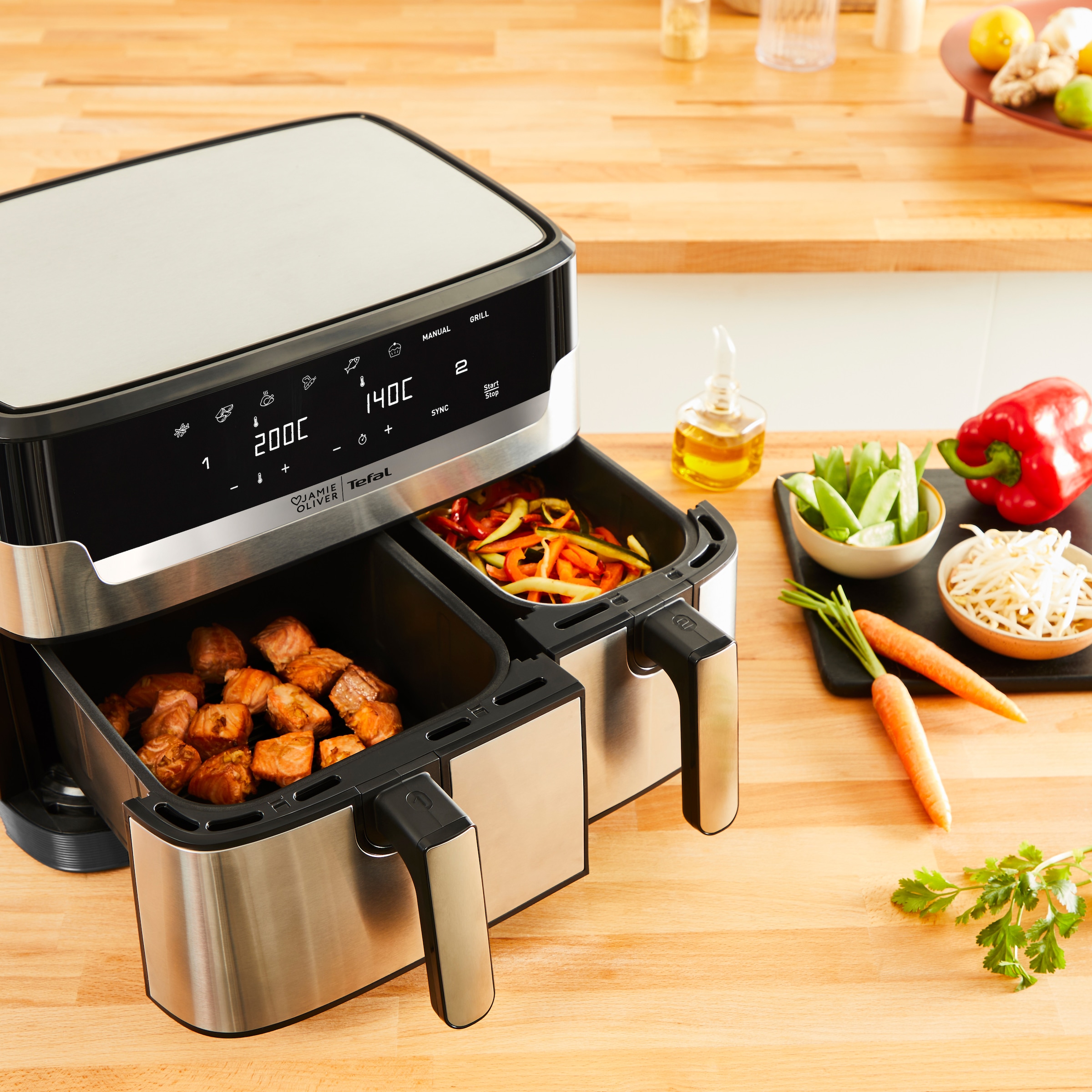 Tefal Heißluftfritteuse »Jamie Oliver by Tefal EY90JDE Dual Easy Fry & Grill«, 2700 W, Doppelkammer, 2 unabhängige Garzonen, 8 automatische Programme, 8,3 L