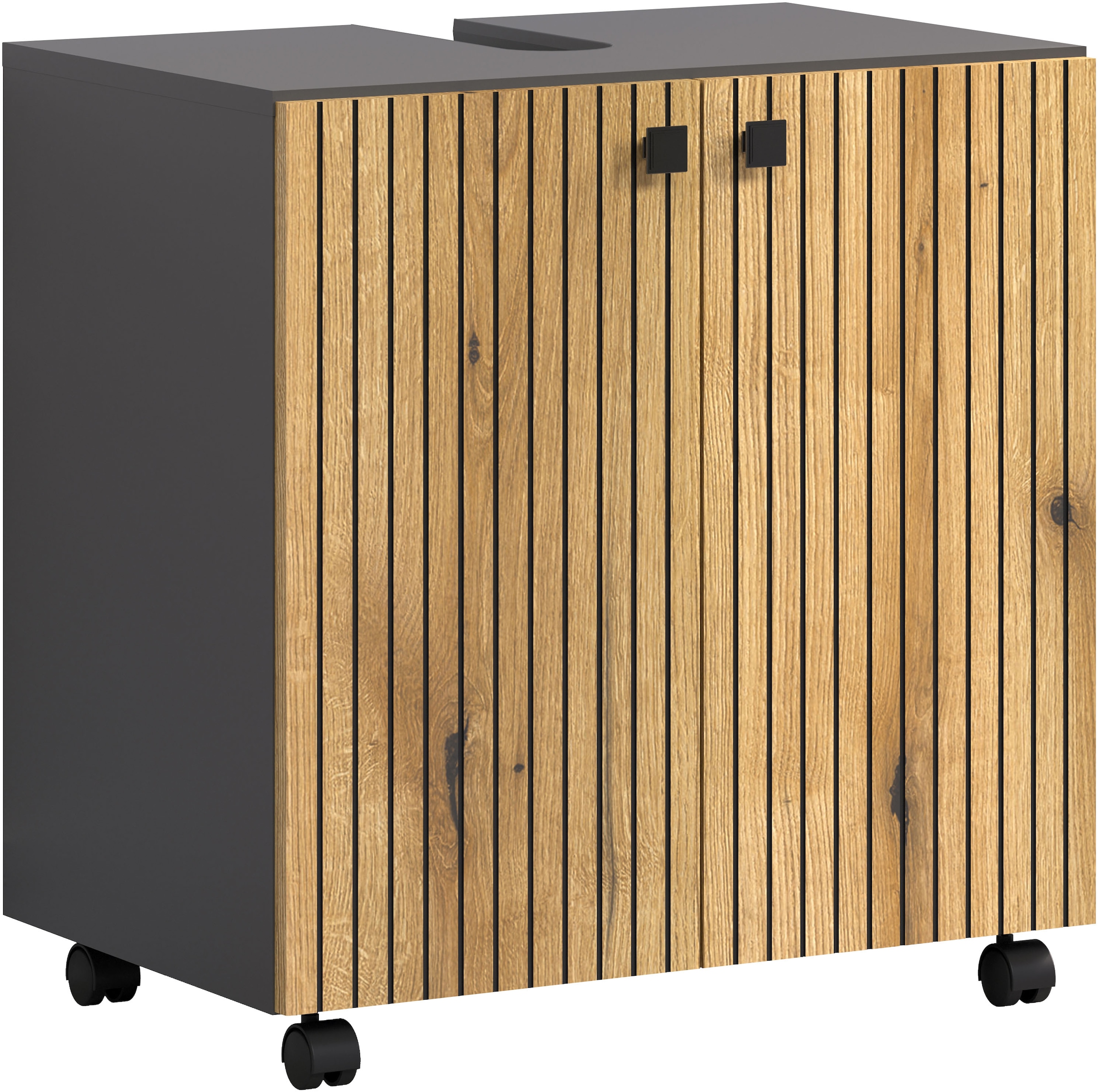 welltime Waschbeckenunterschrank »Amrum«, (1 St.), BxHxT 80 x 64 x 42cm Waschbeckenunterschrank Eiche Rillenoptik