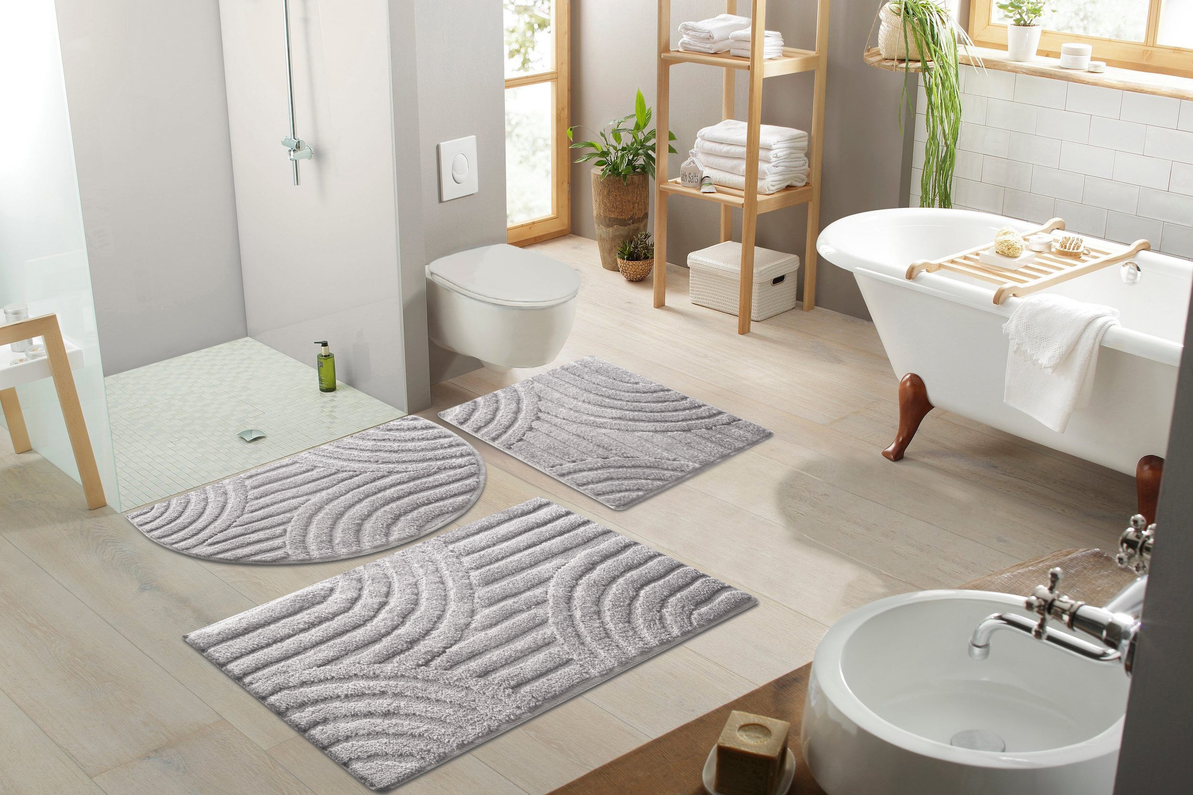 my home Badematte »Regona Scandi, Badvorleger, Badezimmer Teppich, Duschvorleger«, rutschhemmend beschichtet, strapazierfähig, Badteppich, Uni Farben, Hoch-Tief-Effekt, modernes Muster, Zen