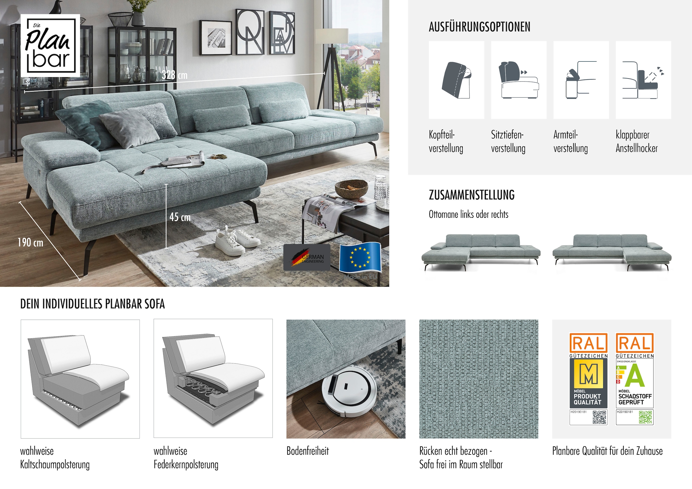 Die PlanBar Ecksofa »MP-IN20126 L-Form«, mit Kopfteilverstellung, optional Sitztiefen- & Armteilverstellung