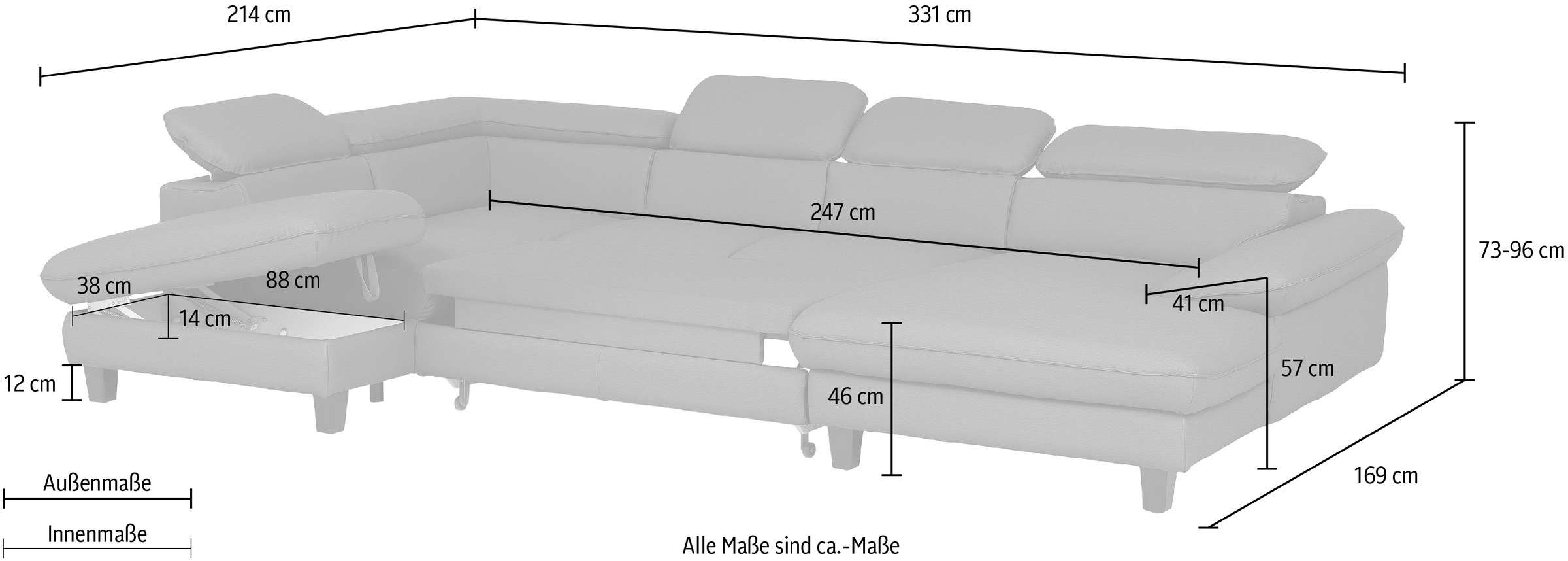 Home affaire Wohnlandschaft »Pilot U-Form«, mit Kopfteilverstellung, wahlweise mit Bettfunktion & Bettkasten