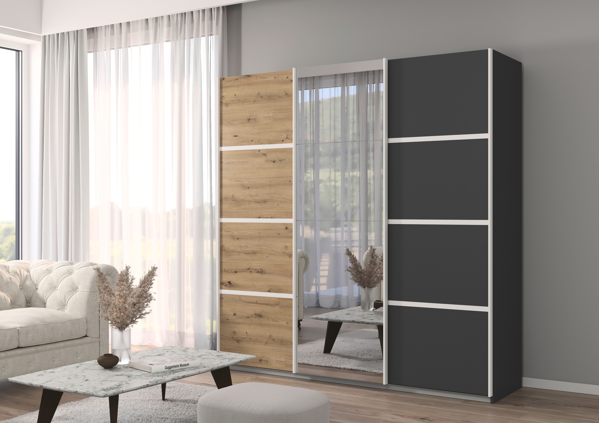 rauch Kleiderschrank »Schwebetürenschrank OTTO´s Choice Garderobe Schrank TOP ANGEBOT Avola«, (in 3 verschiedenen Ausstattungen BASIC/CLASSIC/PREMIUM inkl. Spiegel), mit eleganten Zierleisten in Chrom, Schwarz oder Weiß MADE IN GERMANY