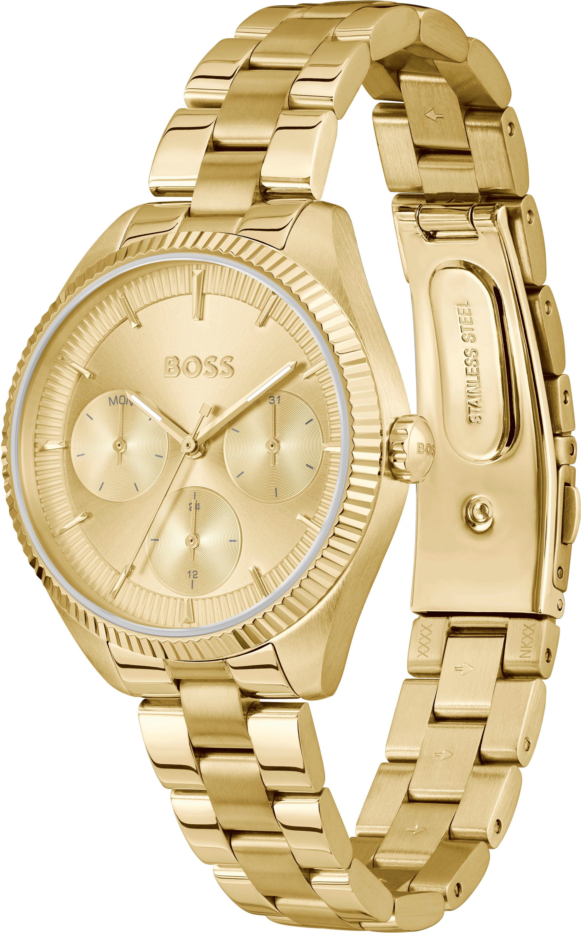 BOSS Multifunktionsuhr »SAGE SPORT«, Quarzuhr, Armbanduhr, Damenuhr, Edelstahlarmband, analog