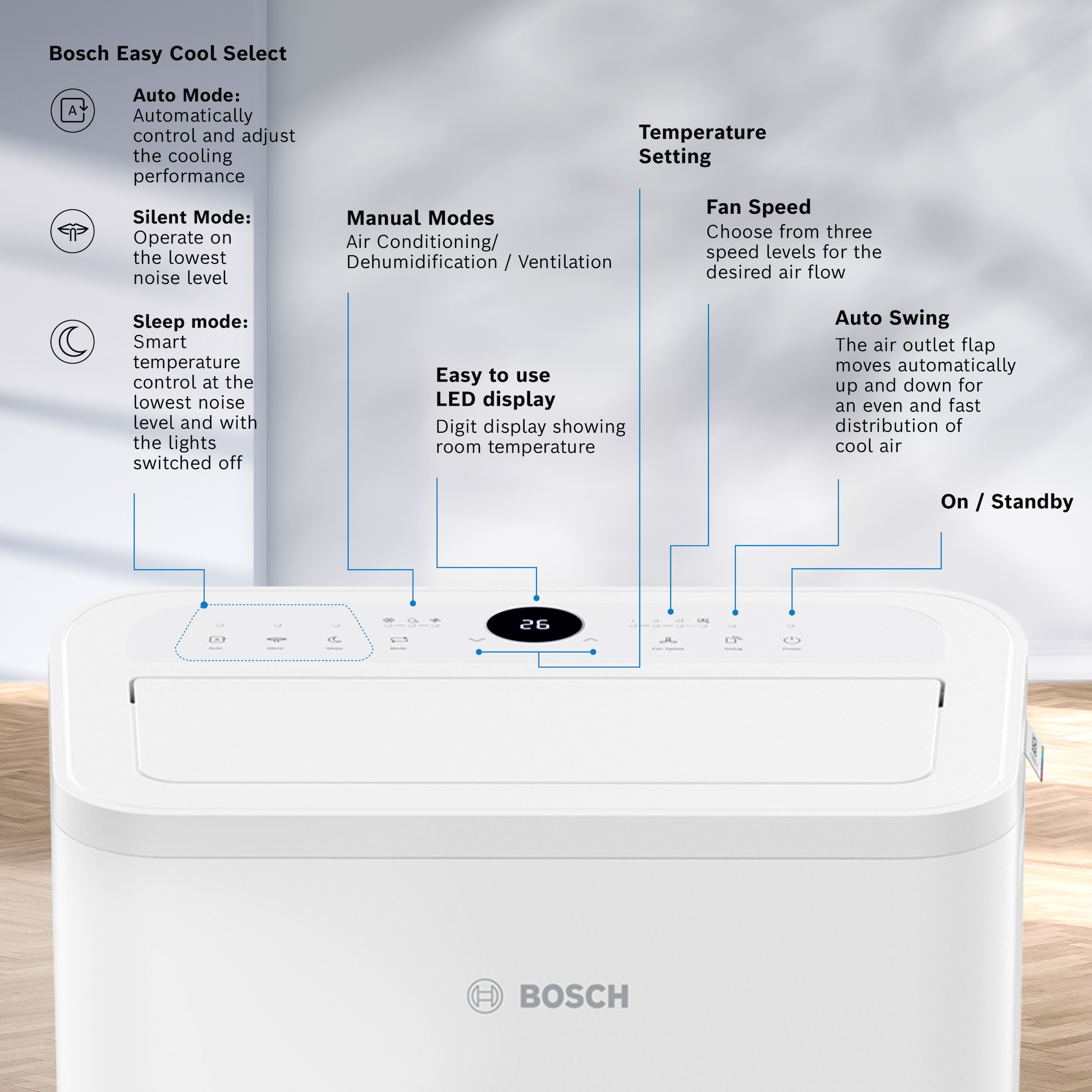 BOSCH 3-in-1-Klimagerät »Cool 2000 - 3-in-1 Klimaanlage, Luftentfeuchter, Ventilator« Ventilator mit 3 Stufen, Entfeuchtung bis zu 50 l/Tag