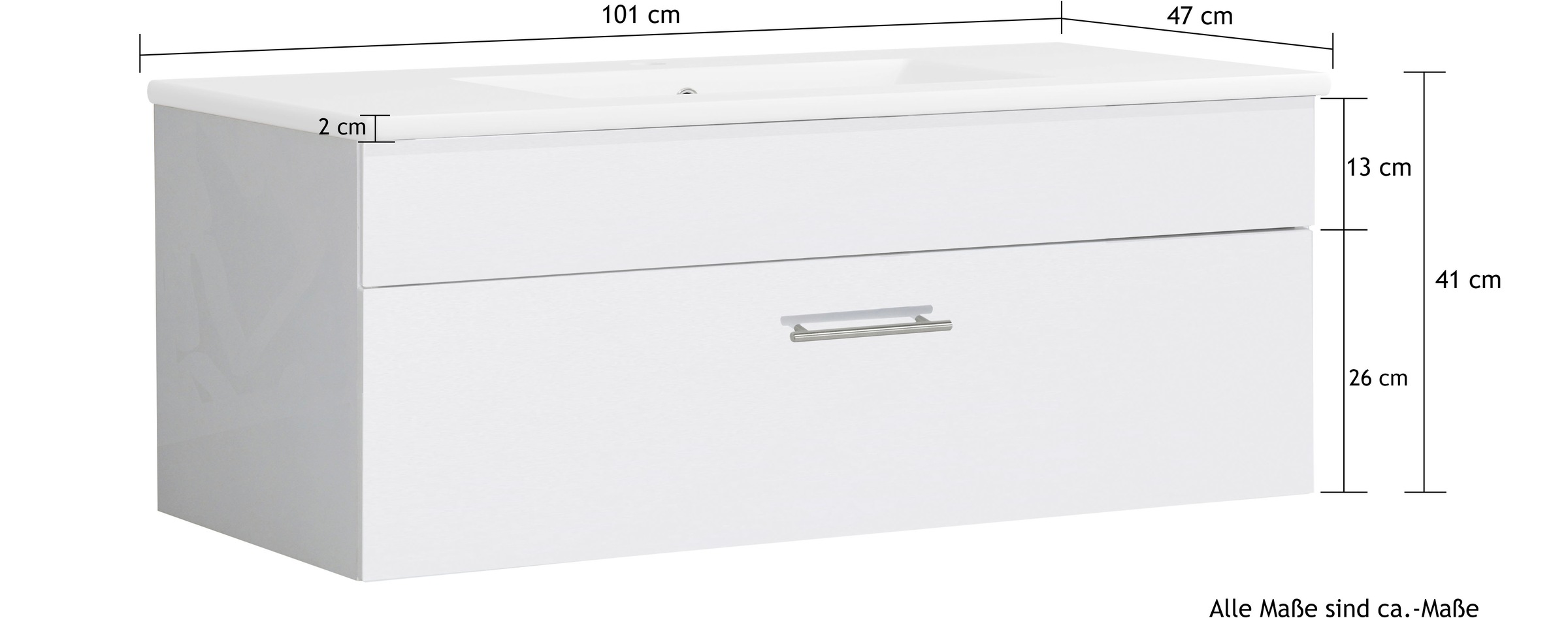 welltime Waschtisch »Trento Light mit Keramik-Auflagebecken«, 1 feste Blende und 1 Auszug, Breite: 101cm, Weiß