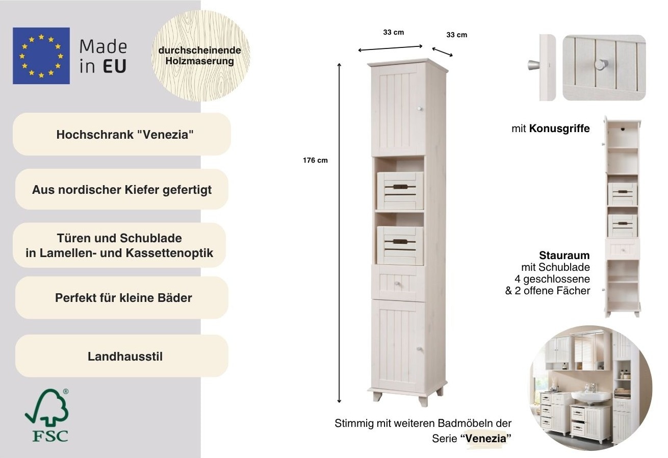 welltime Hochschrank »Venezia Landhaus« Badmöbel, aus massiver Kiefer, 2 Türen, 1 Schublade, Breite 33 cm