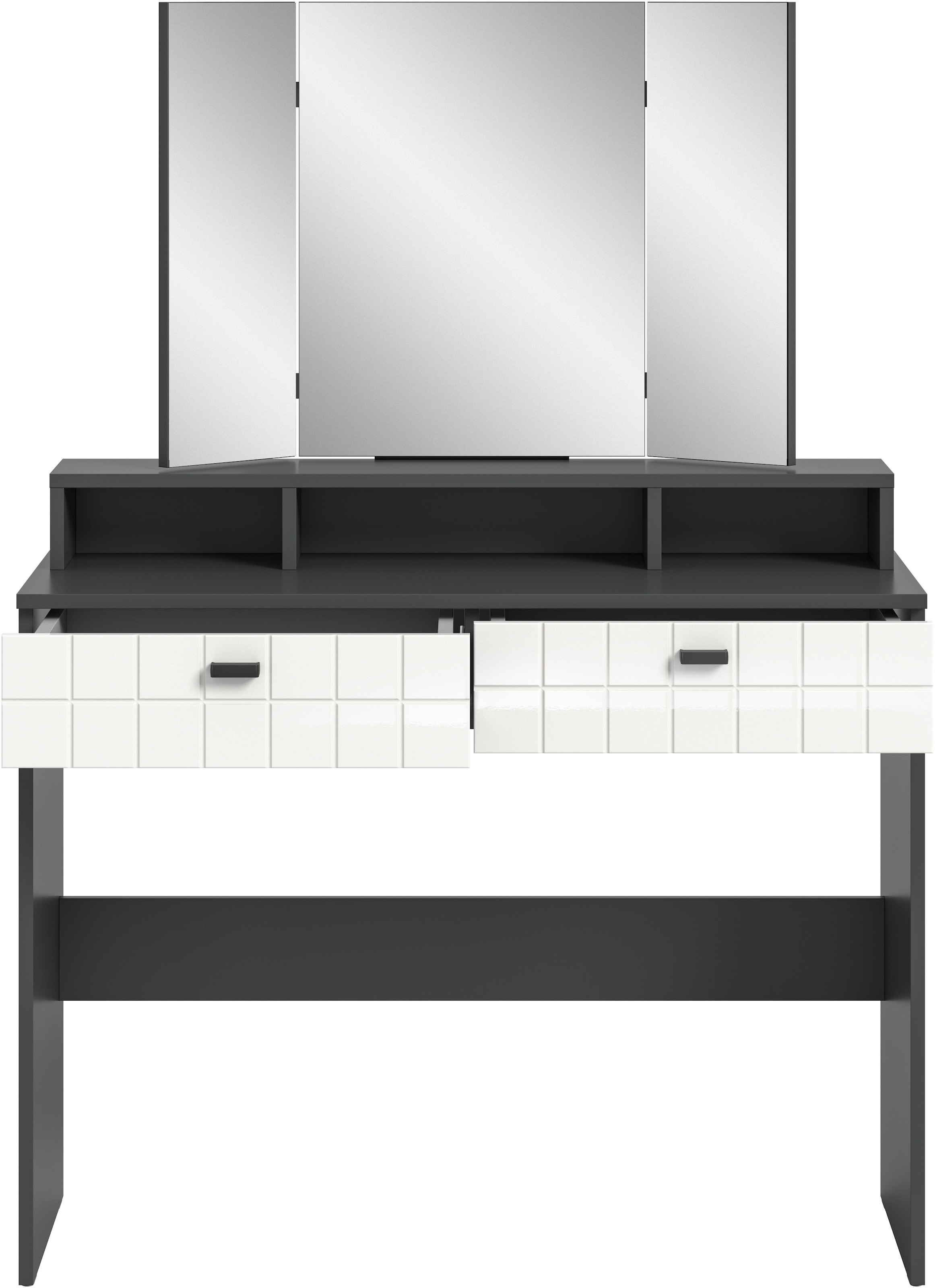 INOSIGN Schminktisch »GORA, Breite 100 cm, 2 Schubkästen, 1feste & 2 faltbare Spiegelflächen«, gefräste Front in Waffeloptik hochglanz, Frisiertisch, Spiegeltisch
