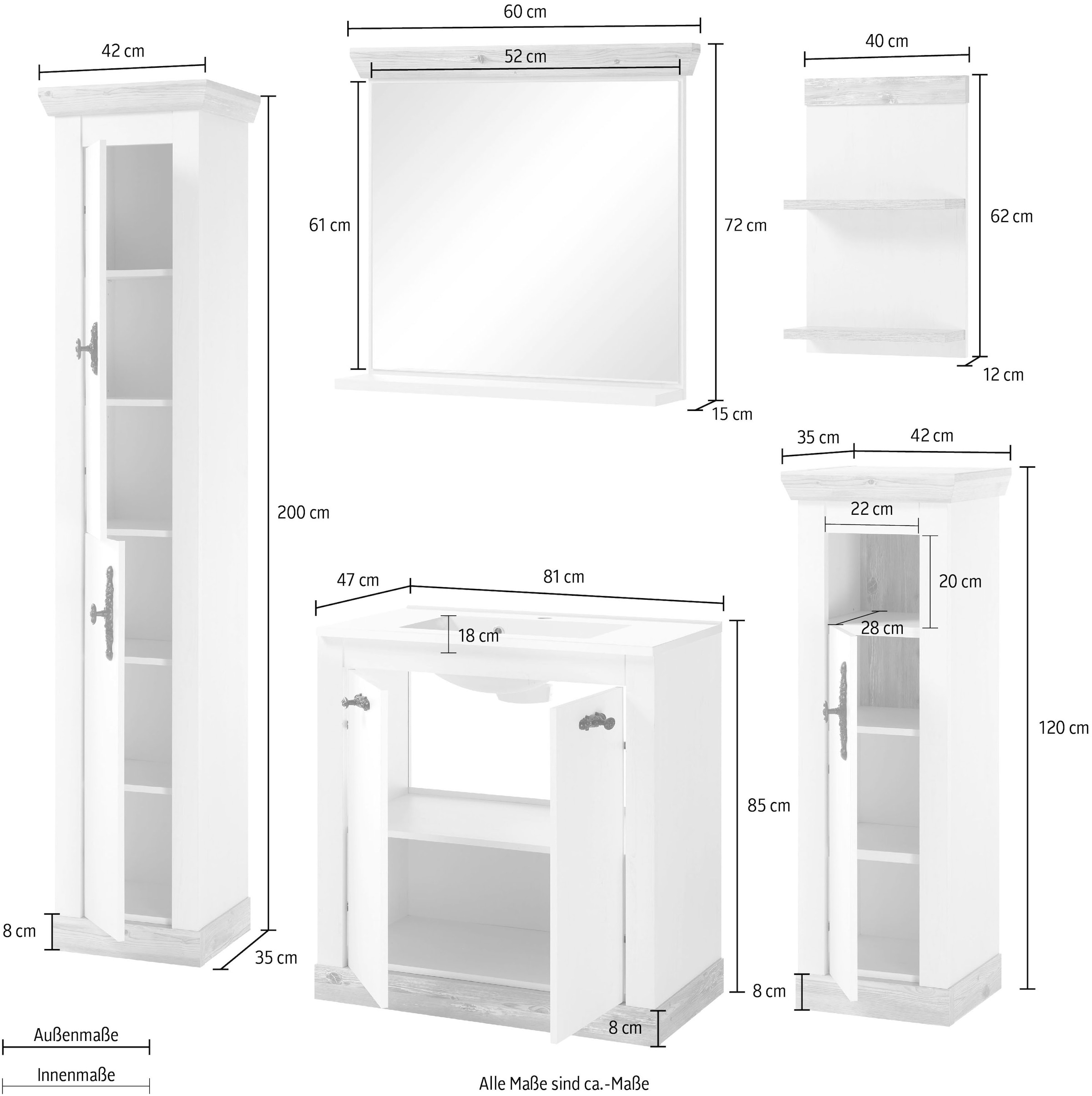 Home affaire Badmöbel-Set »Florenz, Bad im Landhausstil, 5-teiliges Badezimmer«, (5 St.), Waschtisch, Schränke, Wandregal und Spiegel, in Pinie Weiß, Stauraum