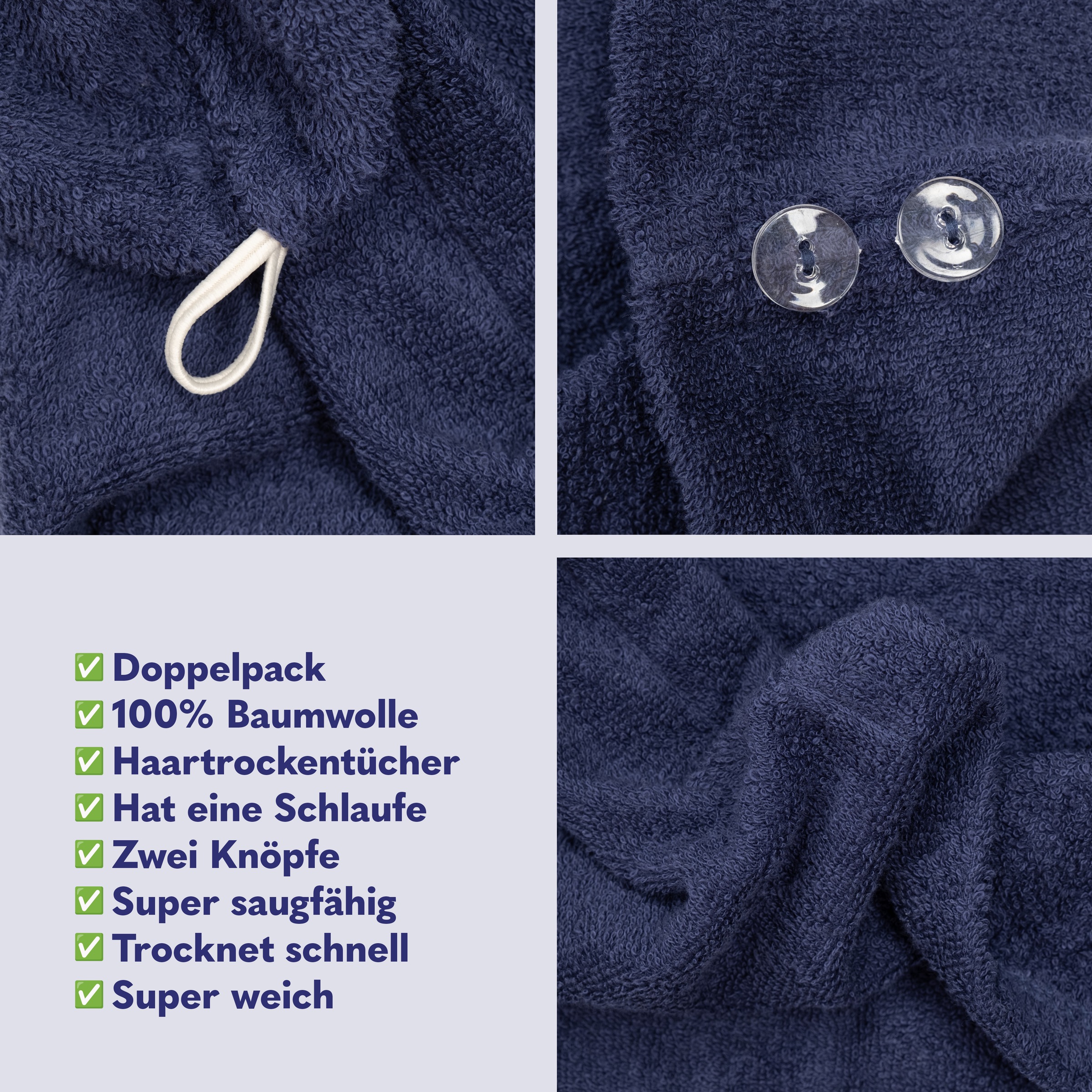 HAMMETEX Turban-Handtuch »2er Set Haarturban Damen, 100% Baumwolle, Flauschig & Schnelltrocknend«, (Set, 2 St., 2), Uni-Farben, weich