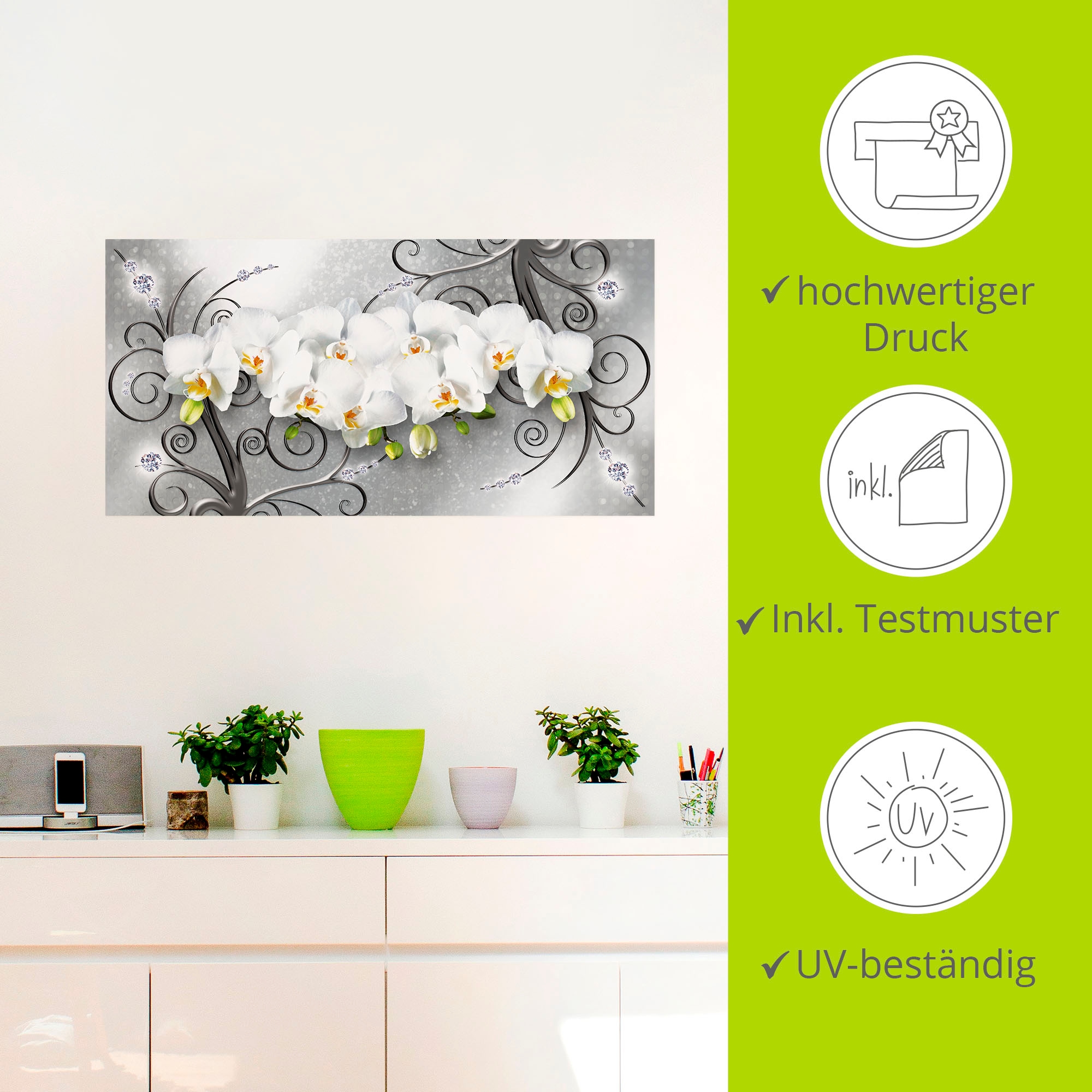 Artland Wandbild »weiße Orchideen auf Ornamenten«, Blumenbilder, (1 St.), als Alubild, Outdoorbild, Leinwandbild, Poster, Wandaufkleber