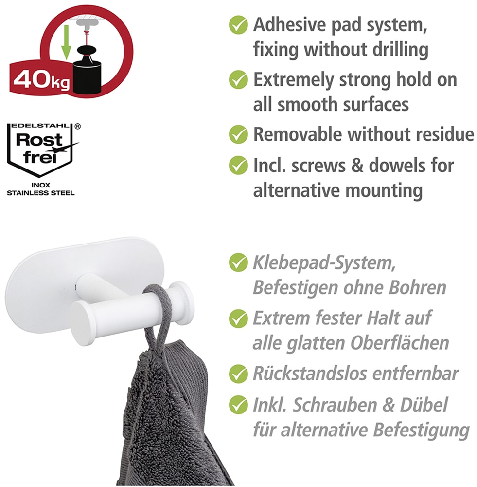 WENKO Doppelhaken »Turbo-Loc® Modell Duo Orea« aus Edelstahl für Handtücher, Befestigen ohne Bohren
