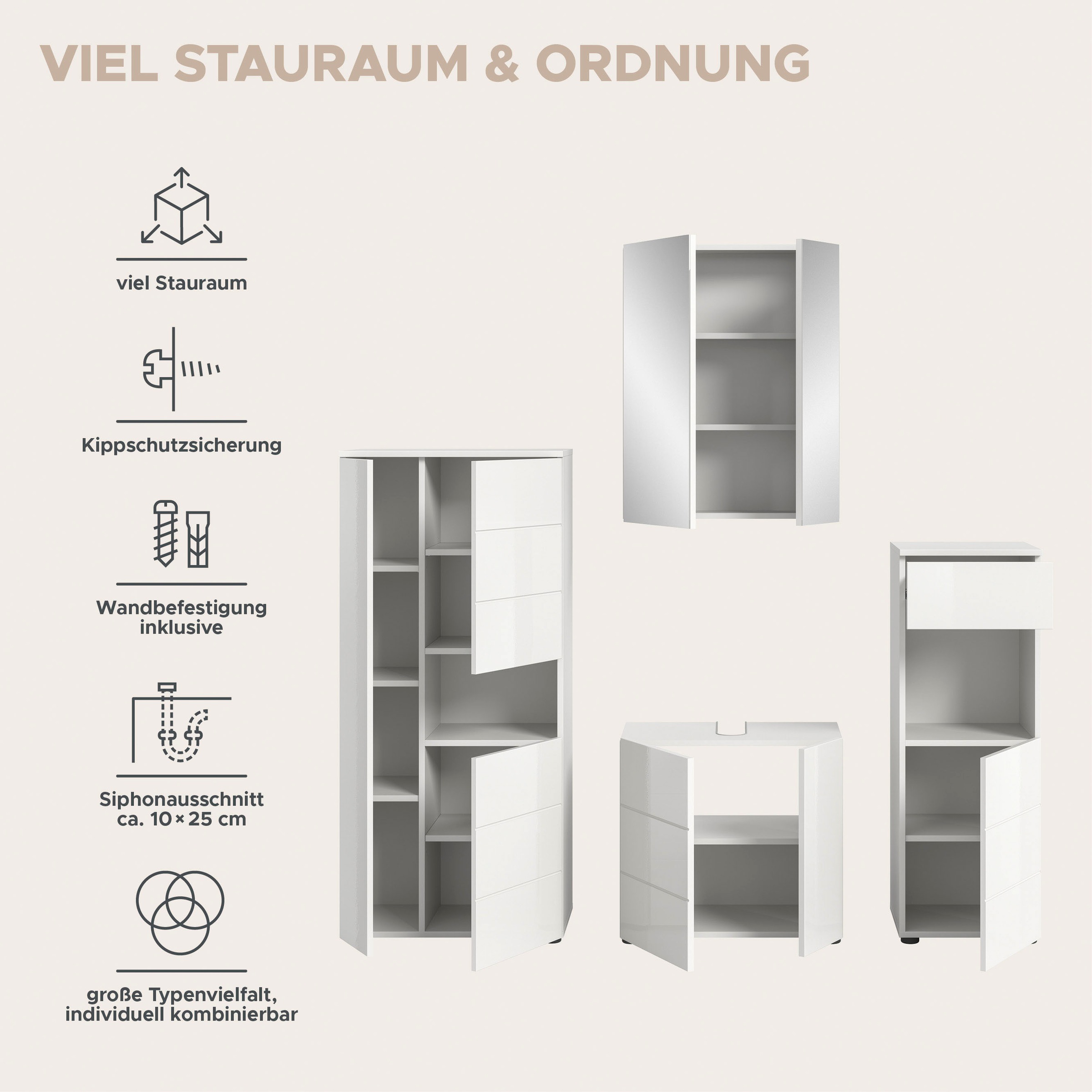 welltime Badmöbel-Set »Biel, Höhe 190 cm, Midischrank, Unterschrank, Spiegel, Standschrank«, (4 St.), Bad Set, modernes Design, Hochschrank, Unterschrank, Spiegel