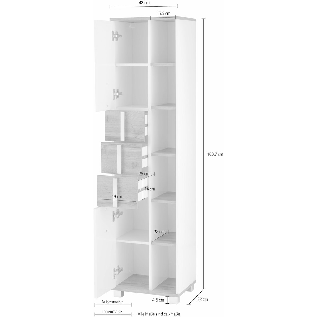 Schildmeyer Hochschrank »Kampen«, Höhe 163,7 cm, mit Metallgriffen, Stauraum durch offene Regalfächer