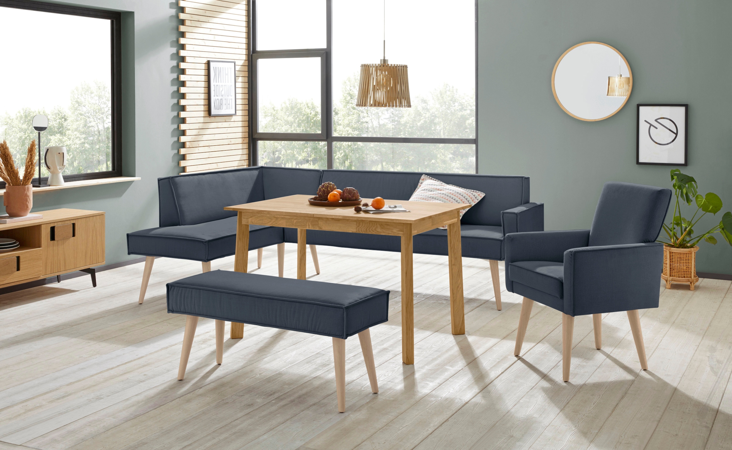 exxpo - sofa fashion Eckbank »Lungo, moderne Kedernaht, bequem und elegant, hoher Holzfuß«, hochwertige Detailverarbeitung, frei im Raum stellbar