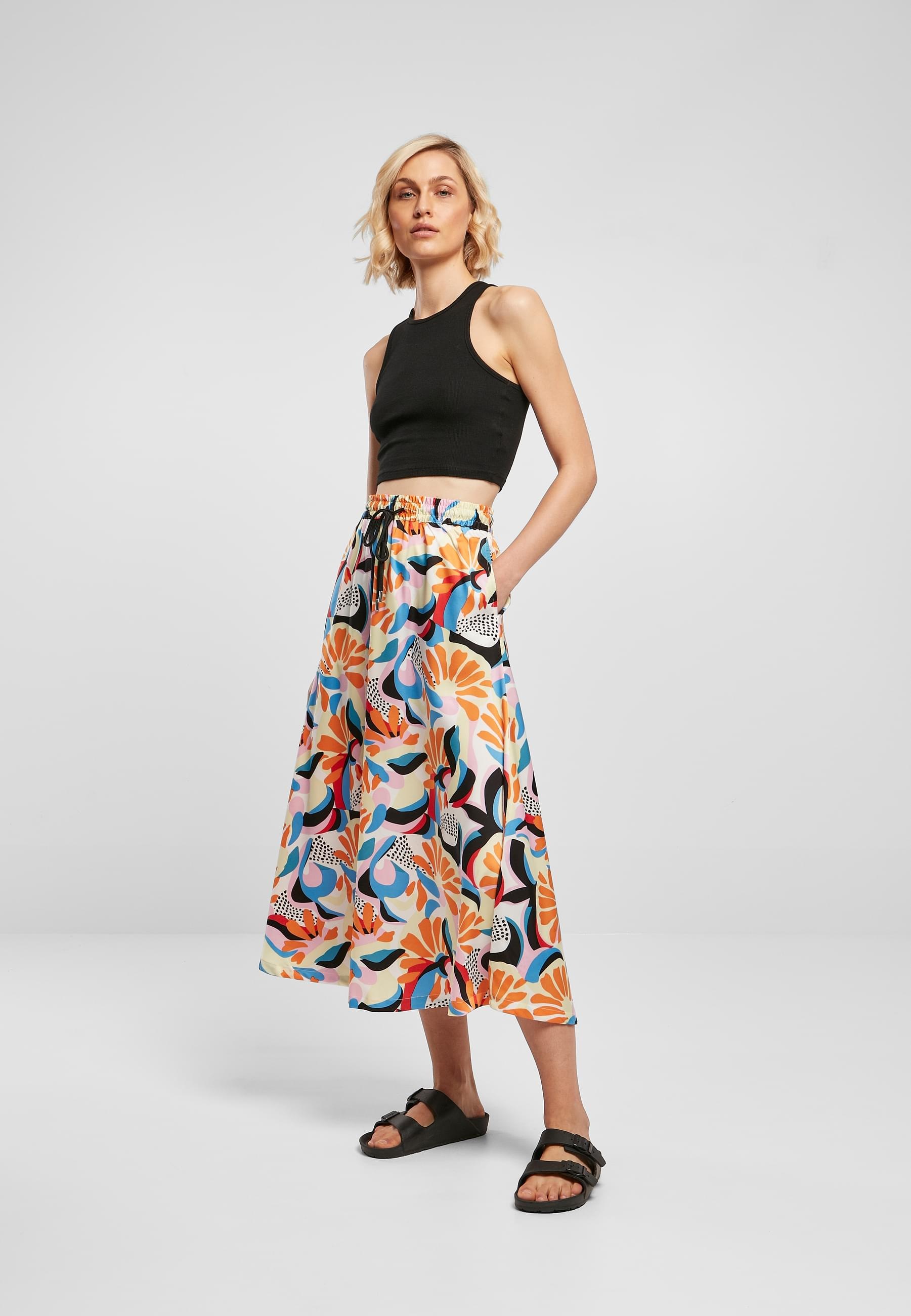URBAN CLASSICS Jerseyrock »Urban Classics Damen Ladies AOP Satin Midi Skirt« 1 Stk.