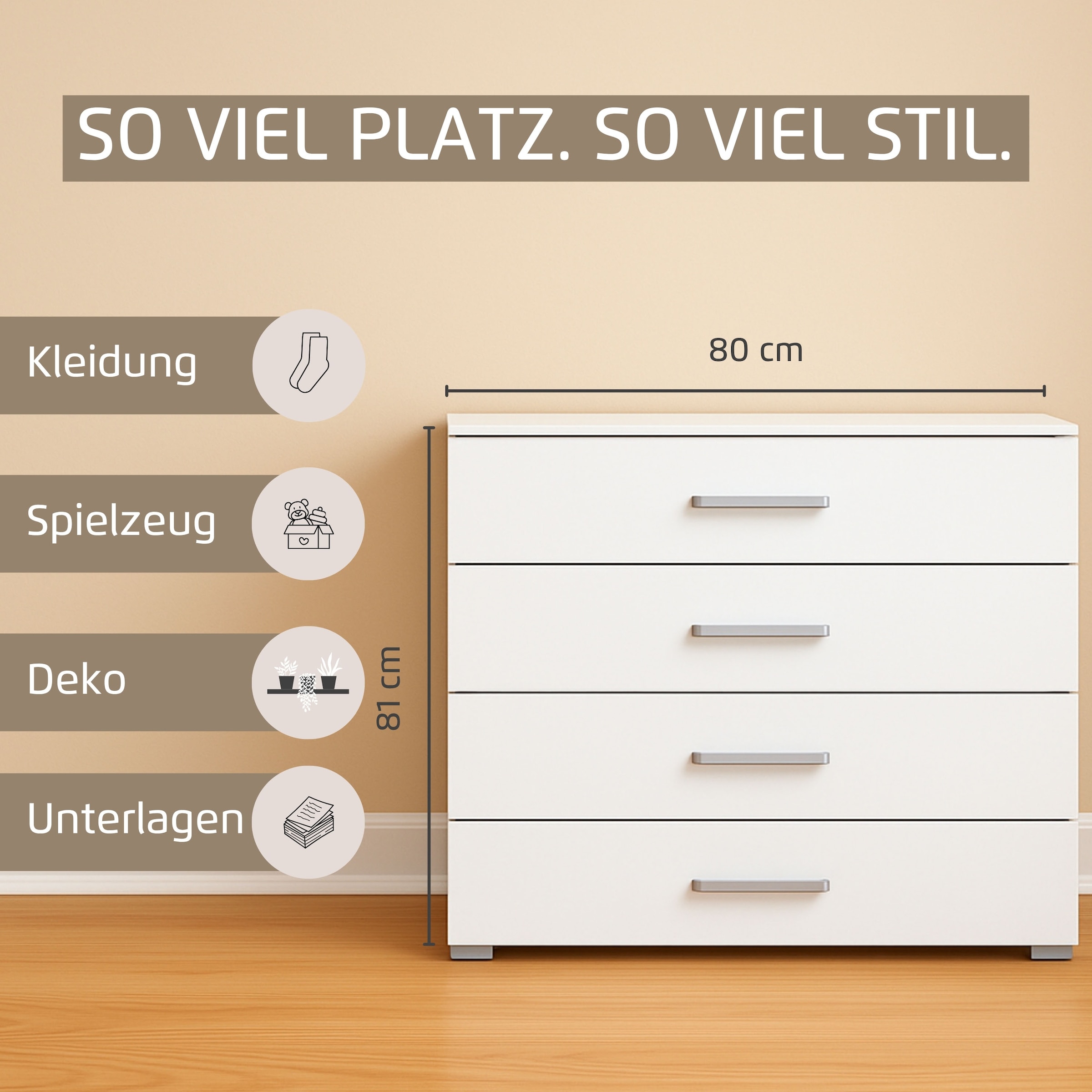 rauch Schubkastenkommode »Sideboard Kommode Schubkastenkommode KOLUNA mit Dekorfront«, (Breite 80 cm inkl. Soft-Close-Funktion), vier große und geräumige Schubladen mit viel Stauraum MADE IN GERMANY
