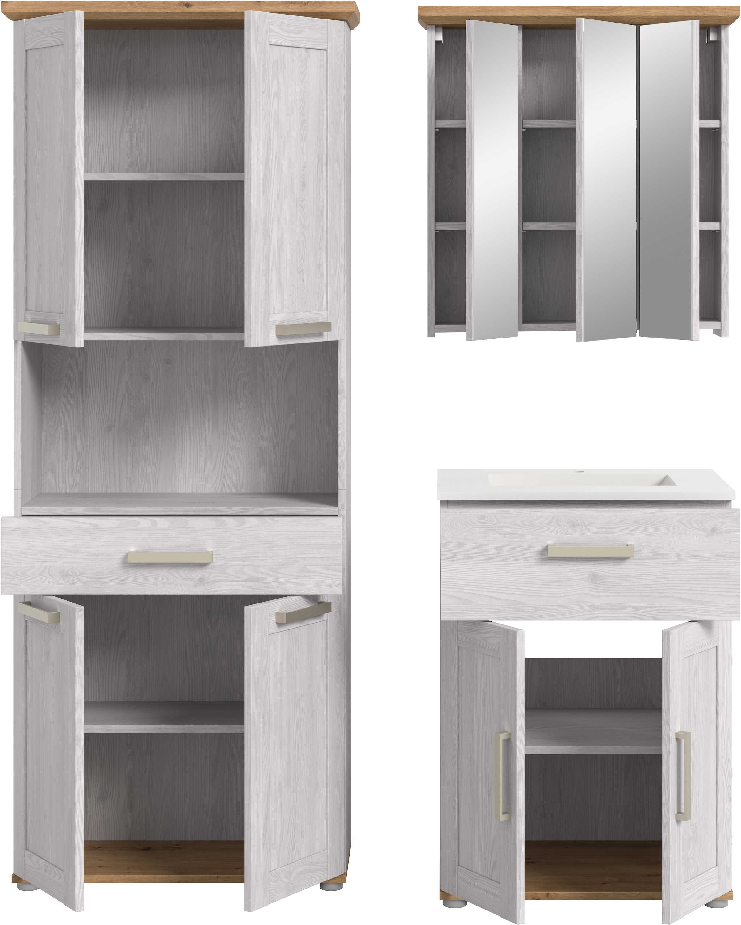 welltime Badmöbel-Set »COSENZA« 1 Hochschrank, 1 Waschtisch inkl. Waschbecken, 1 Spiegelschrank, 3 Stk. tlg.