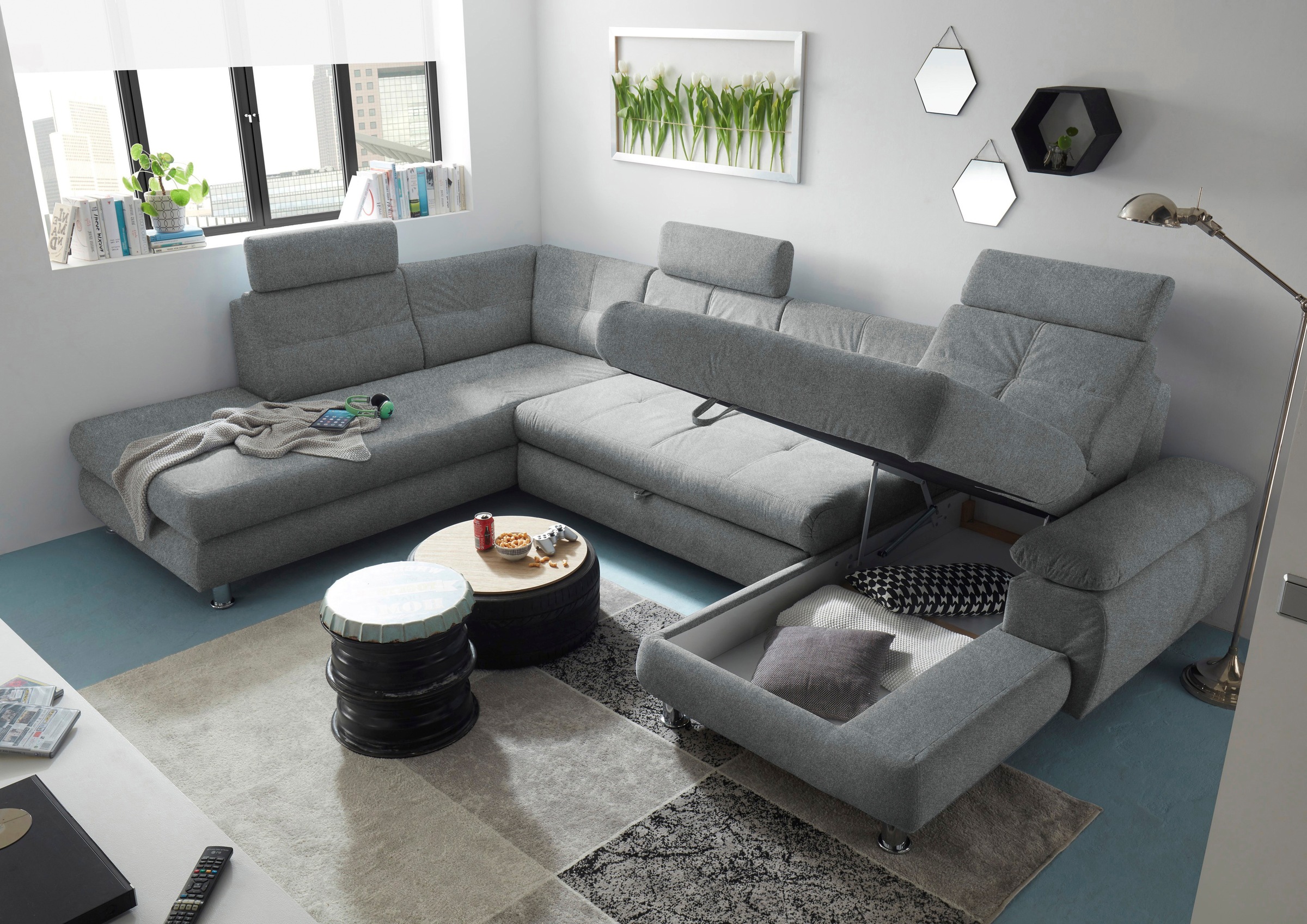 ED EXCITING DESIGN Wohnlandschaft »Alba U-Form«, mit Bettfunktion, Bettkasten, Armteilverstellung & Kopfstützen