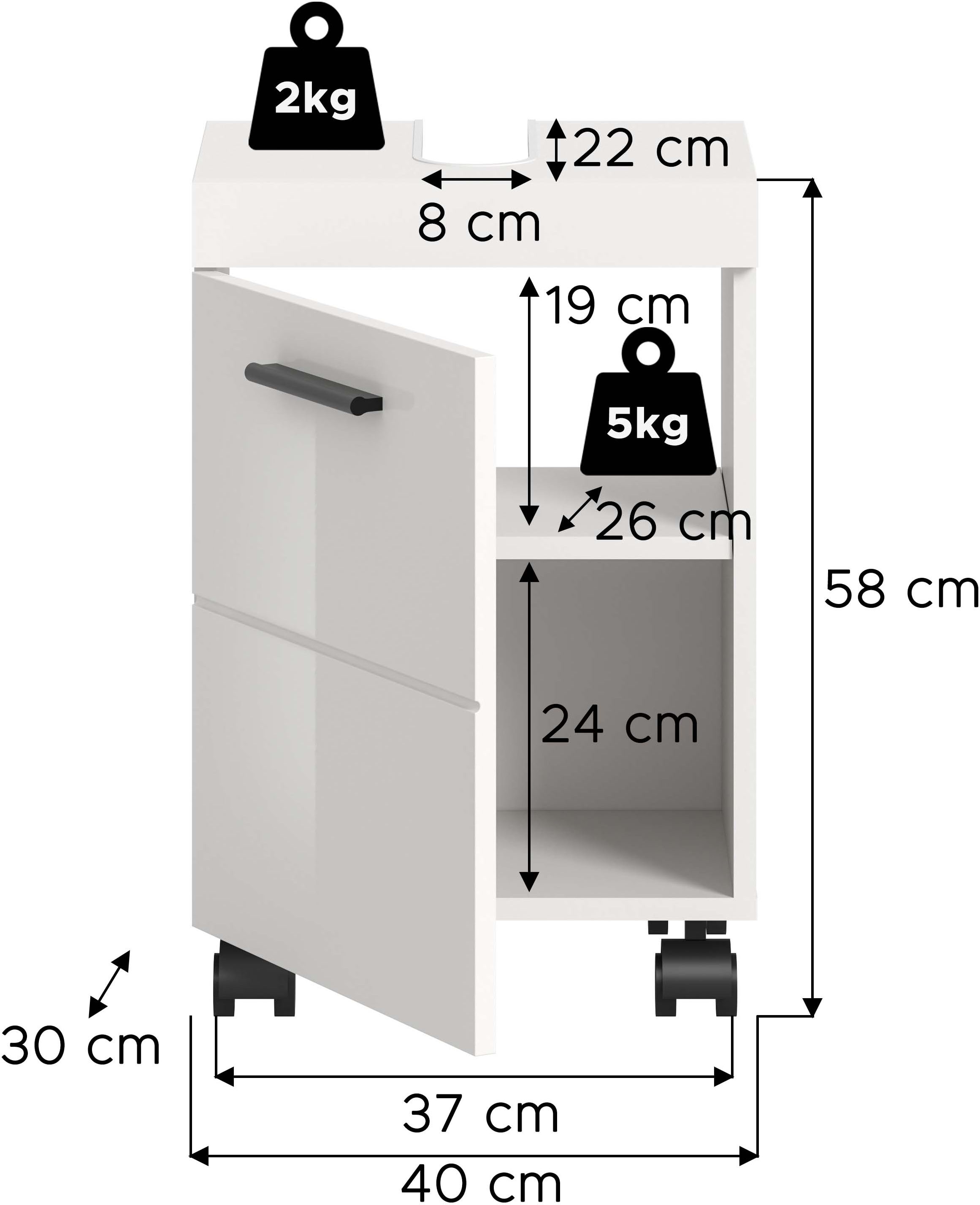welltime Waschbeckenunterschrank »AVON, Breite 40 cm, 1 Tür, 1 Einlegboden, 2 Fächer« mit Siphonausschnitt 22x8 cm, Rückwand mit Ausschitt,  Badmöbel, Badschrank, Unterschrank, Waschtisch, Kommode, Bad
