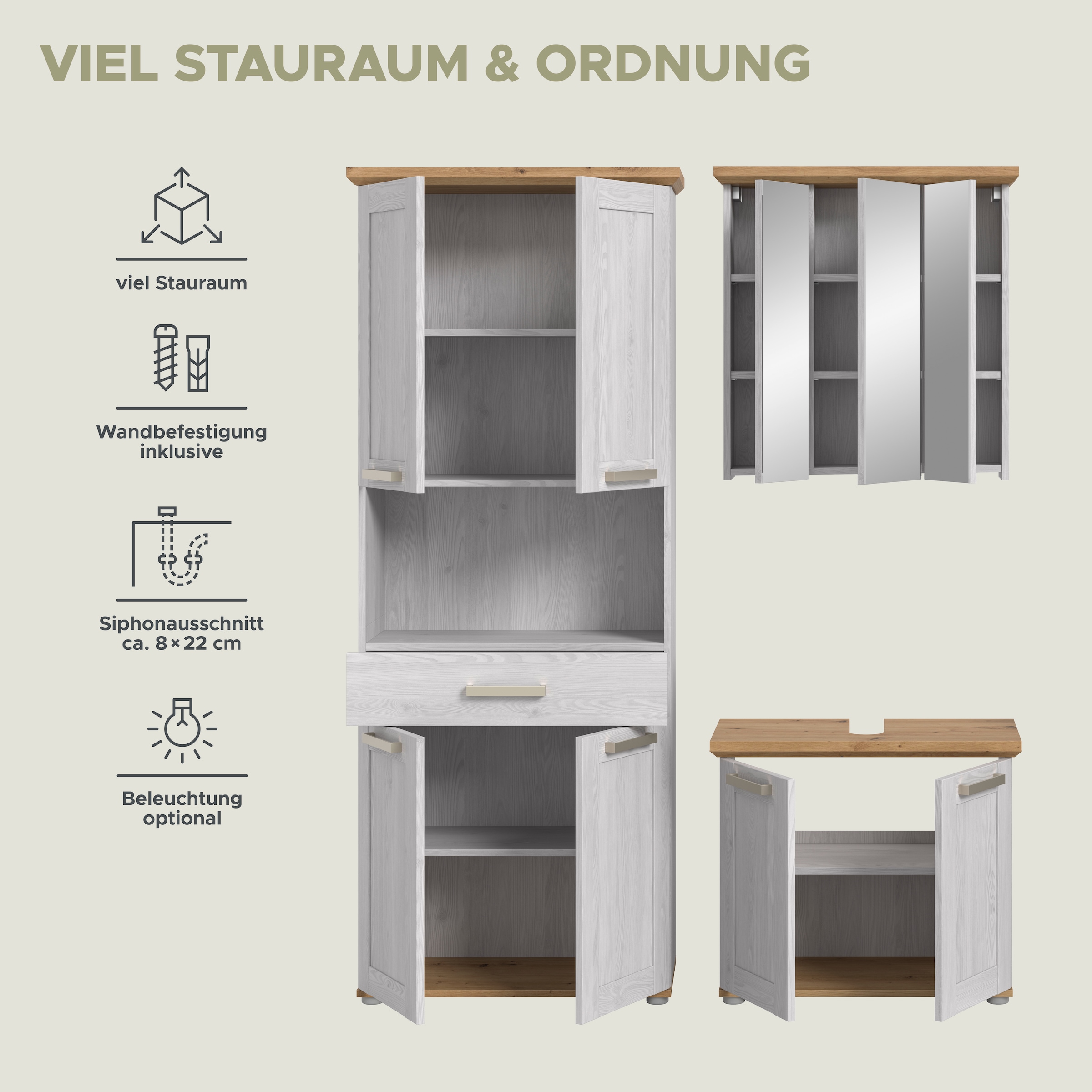 welltime Badmöbel-Set »COSENZA, 3-teilig, in Landhausoptik, mit farblich abgesetztem Kranz« best. aus: Hochschrank, Spiegelschrank und Waschbeckenunterschrank, 3 Stk. tlg.