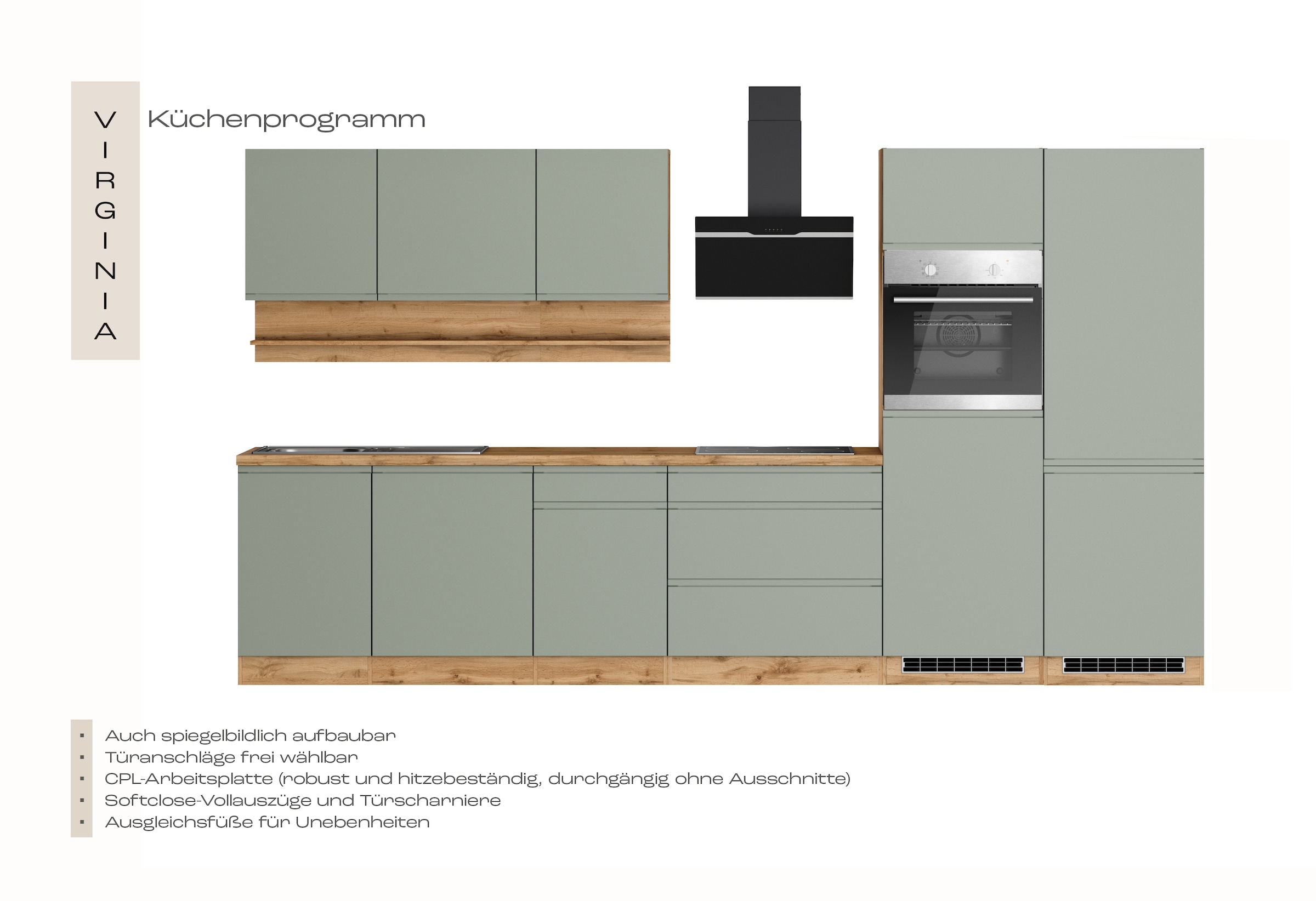 KOCHSTATION Küchenzeile »KS-Virginia,neu in verbesserter Ausführung« Arbeitsplatte 38 mm stark, Stauraum, Softclose,  Breite 360 cm, Softclose, wahlweise mit E-Geräten und Induktion