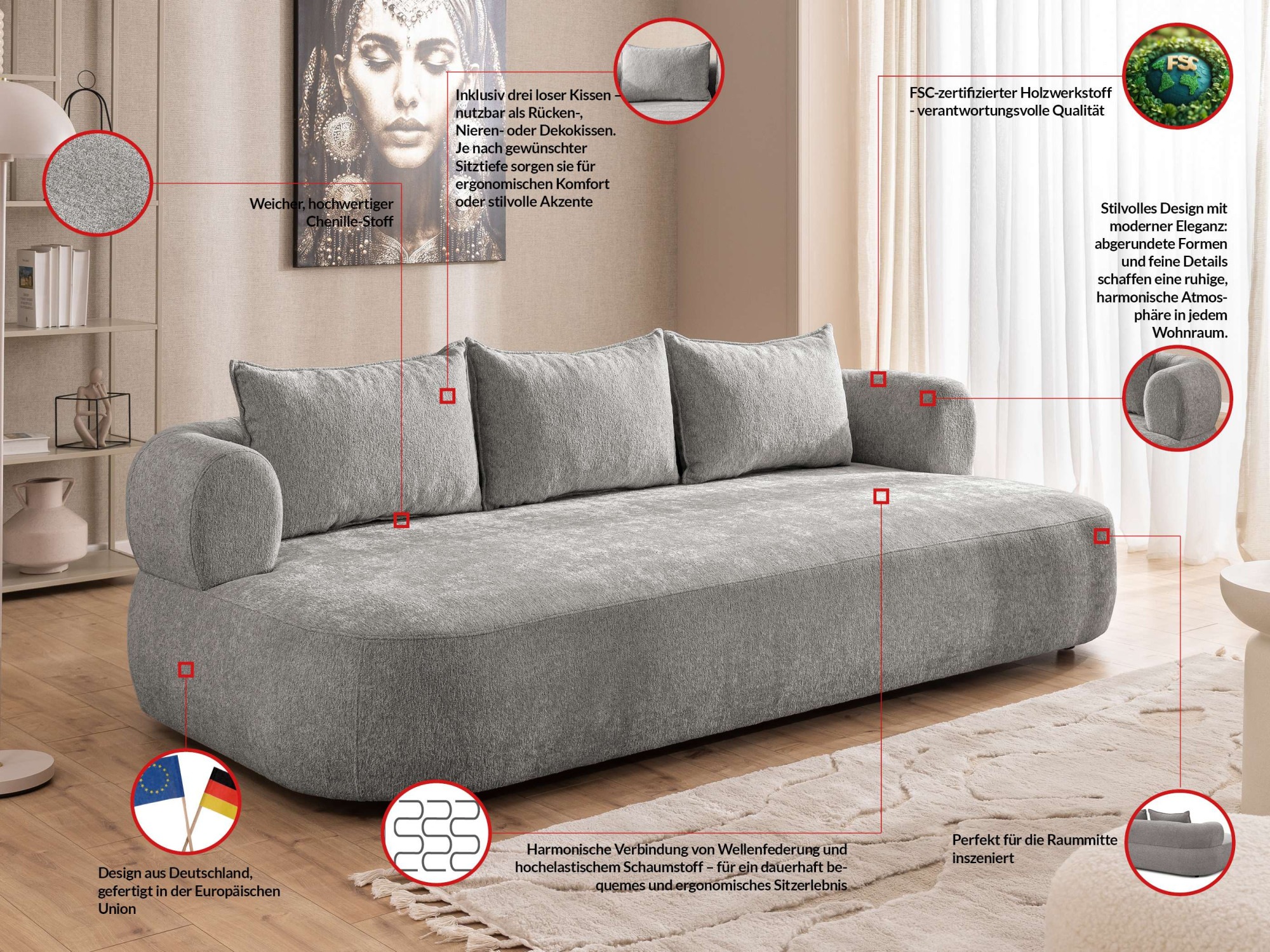 Home affaire Big-Sofa »LUSSAC 4-Sitzer Design-Sofa mit Zierkissen, Maße B/T/H: 242/123/78 cm« hoher Sitzkomfort und modernes Design, Sofa ohne Bettfunktion