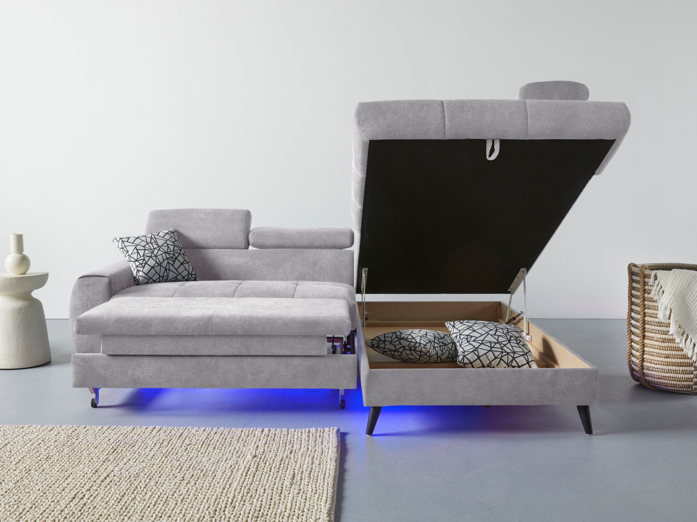 COTTA Ecksofa »Mia L-Form mit 3 Zierkissen«, wahlweise mit Bettfunktion, Bettkasten, Beleuchtung & Wireless-Charger